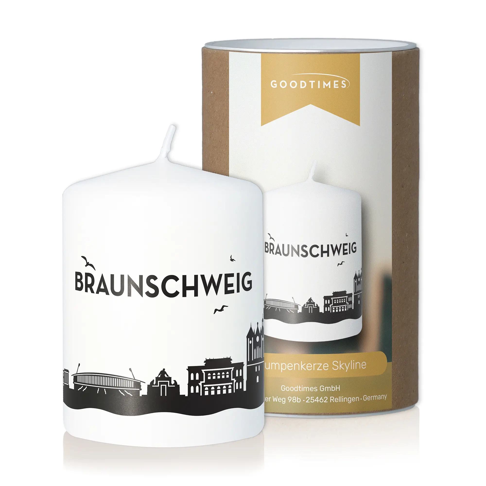  Kerze, weiße Kerze, Stadt-Silhouette, Braunschweig, Dekokerze