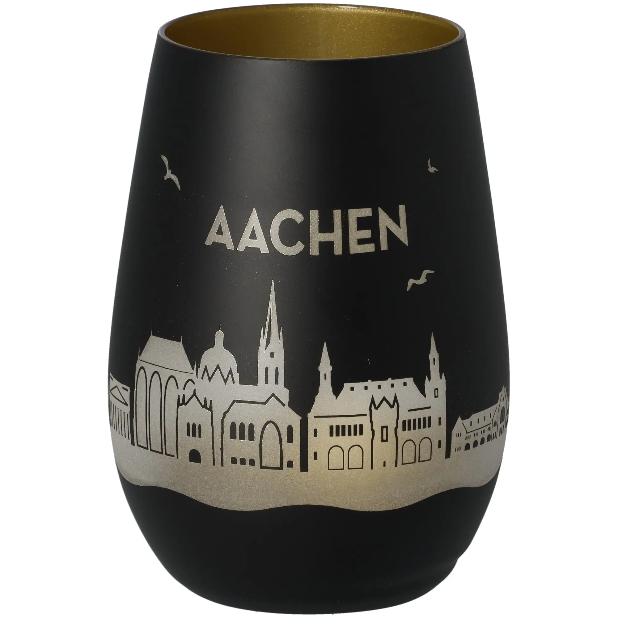 Rostgedrehter Becher, Vase, Schwarz, Silber-Print, Aachen Stadtansicht