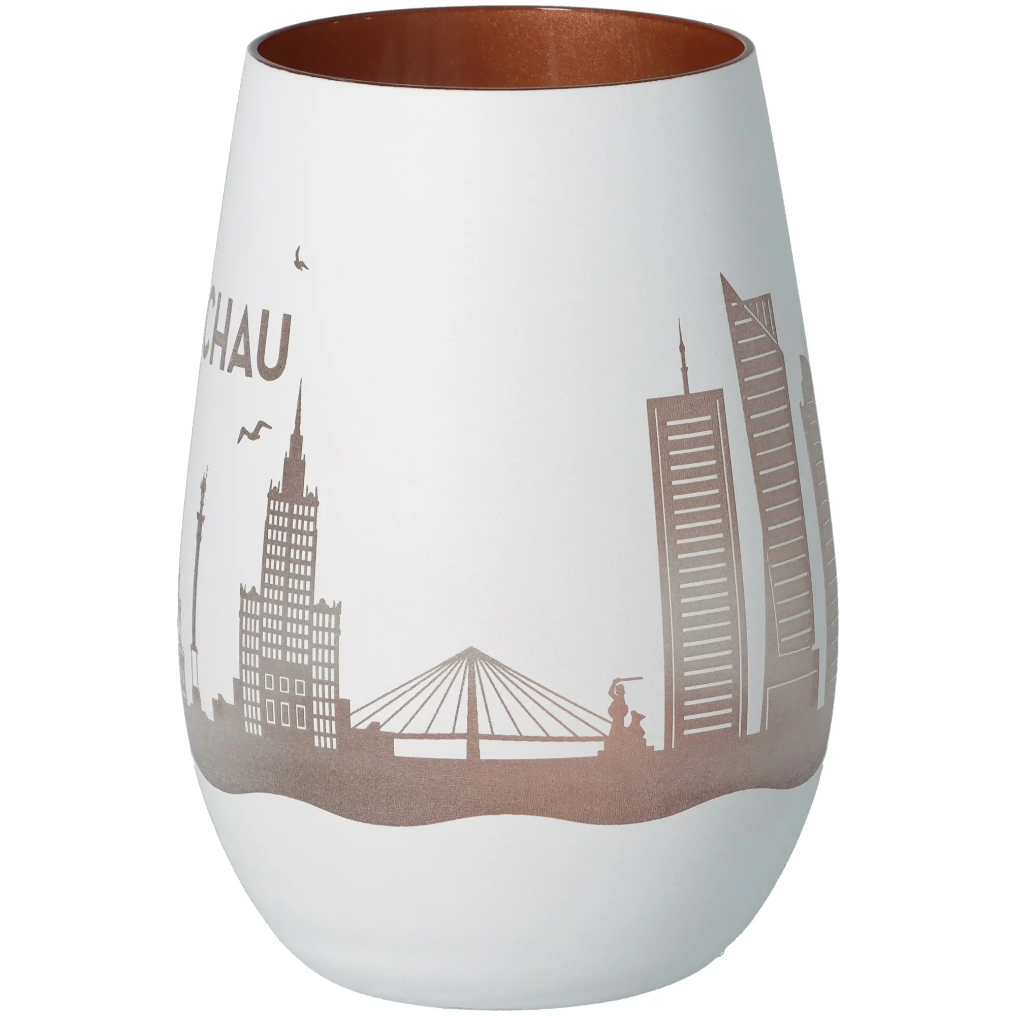 Vase, Keramik, Stadtansicht, Weiß, Braun innen