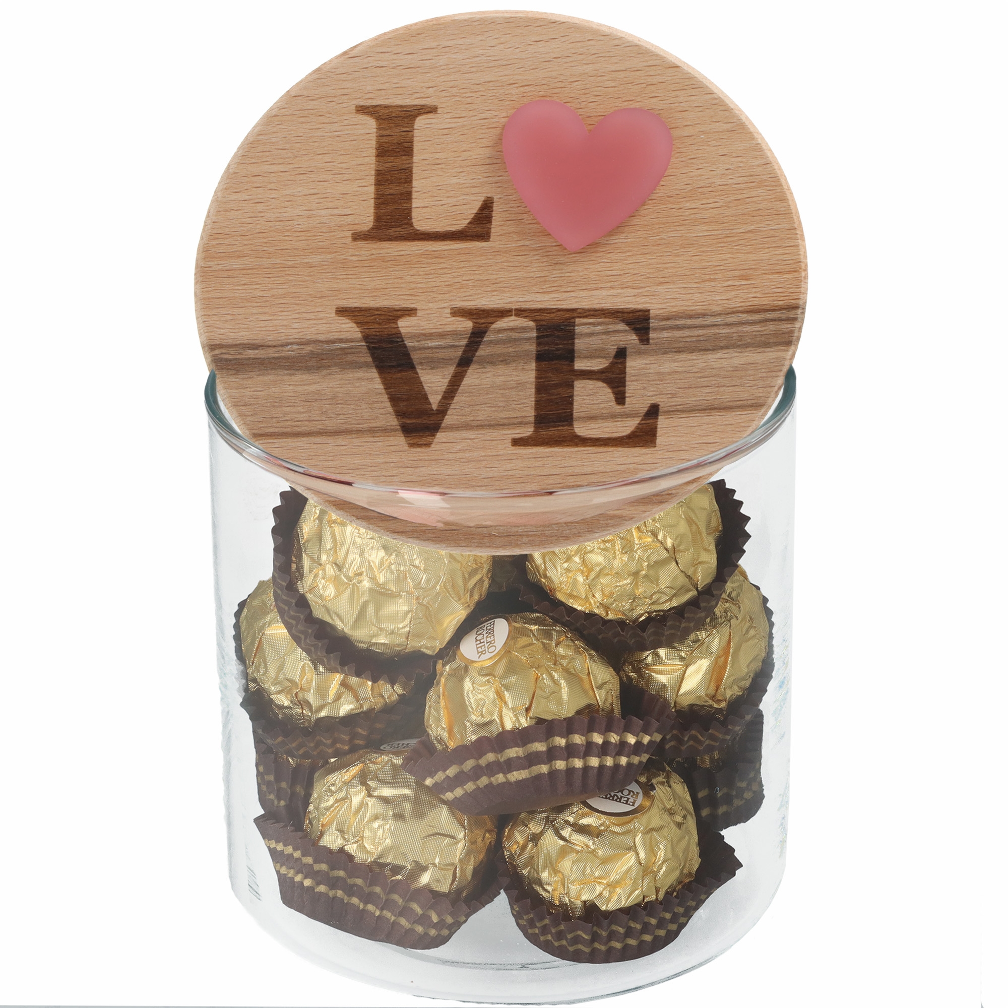 Glasdose, Schokoladenpralinen, Creme-Füllung, Goldfolie, Holzdeckel