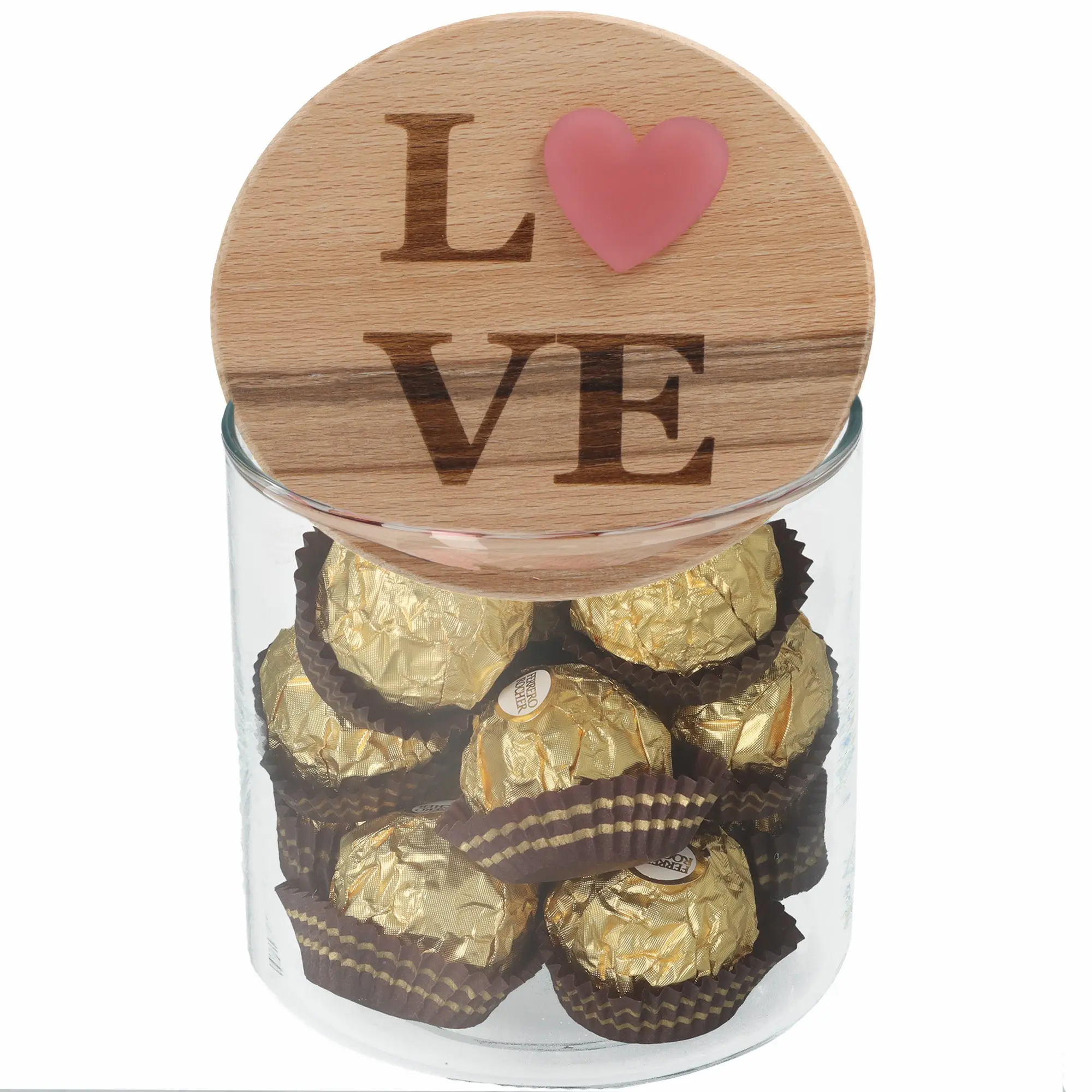 Glasdose, Schokoladenpralinen, Creme-Füllung, Goldfolie, Holzdeckel