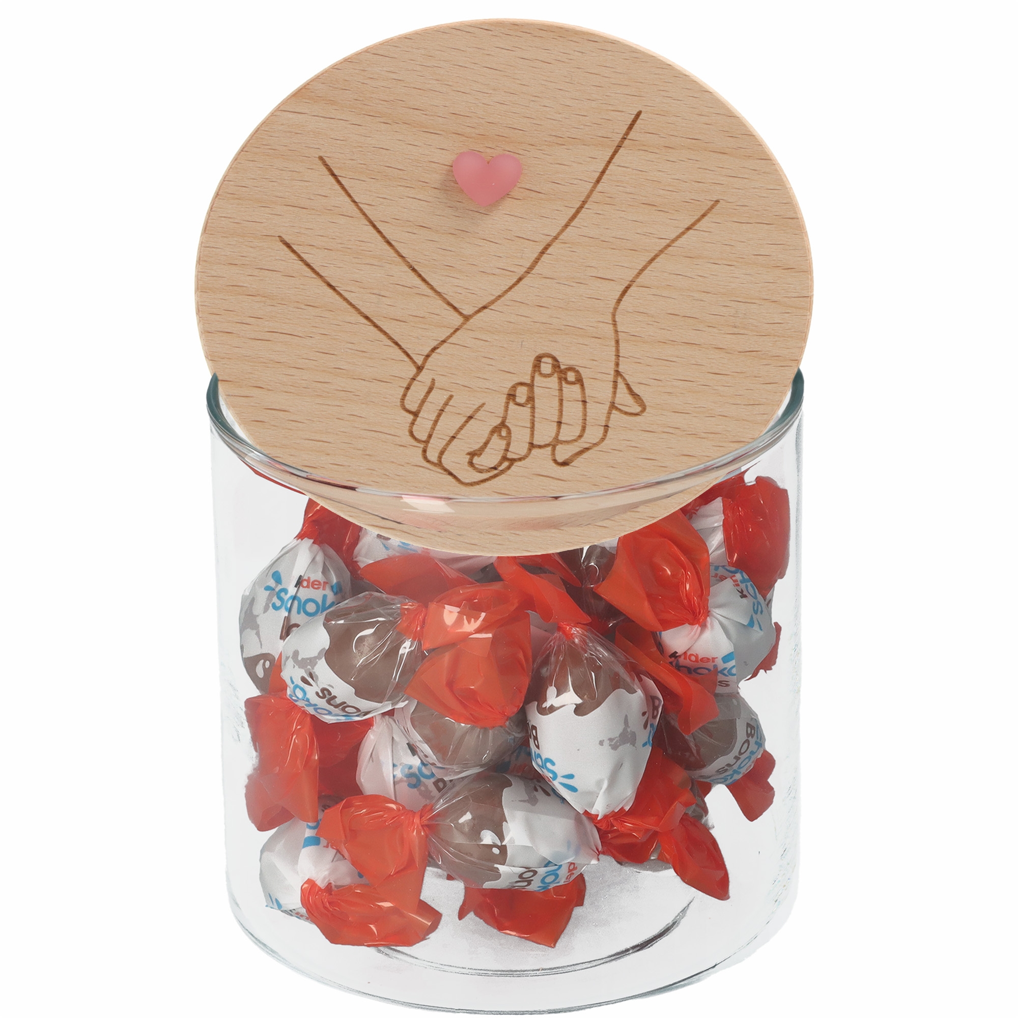 Glassbehälter, Süßigkeit, rote Verpackung, runde Holzdeckel, Herzmotiv