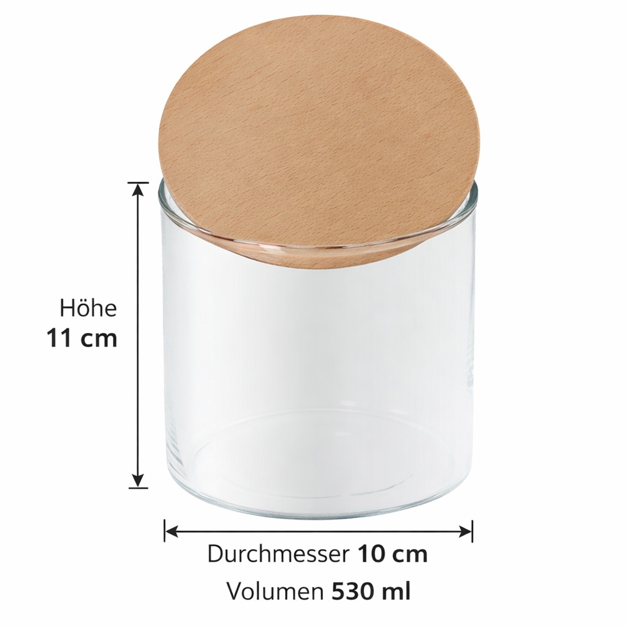 Glasbehälter, Holzdeckel, Küchenaufbewahrung, Durchmesser 10 cm, Volumen 530 ml