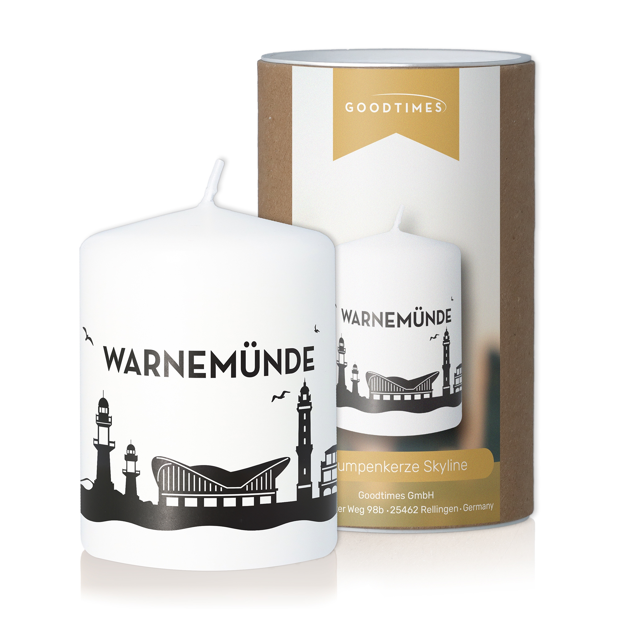Stumpenkerze Skyline Warnemünde Kerze