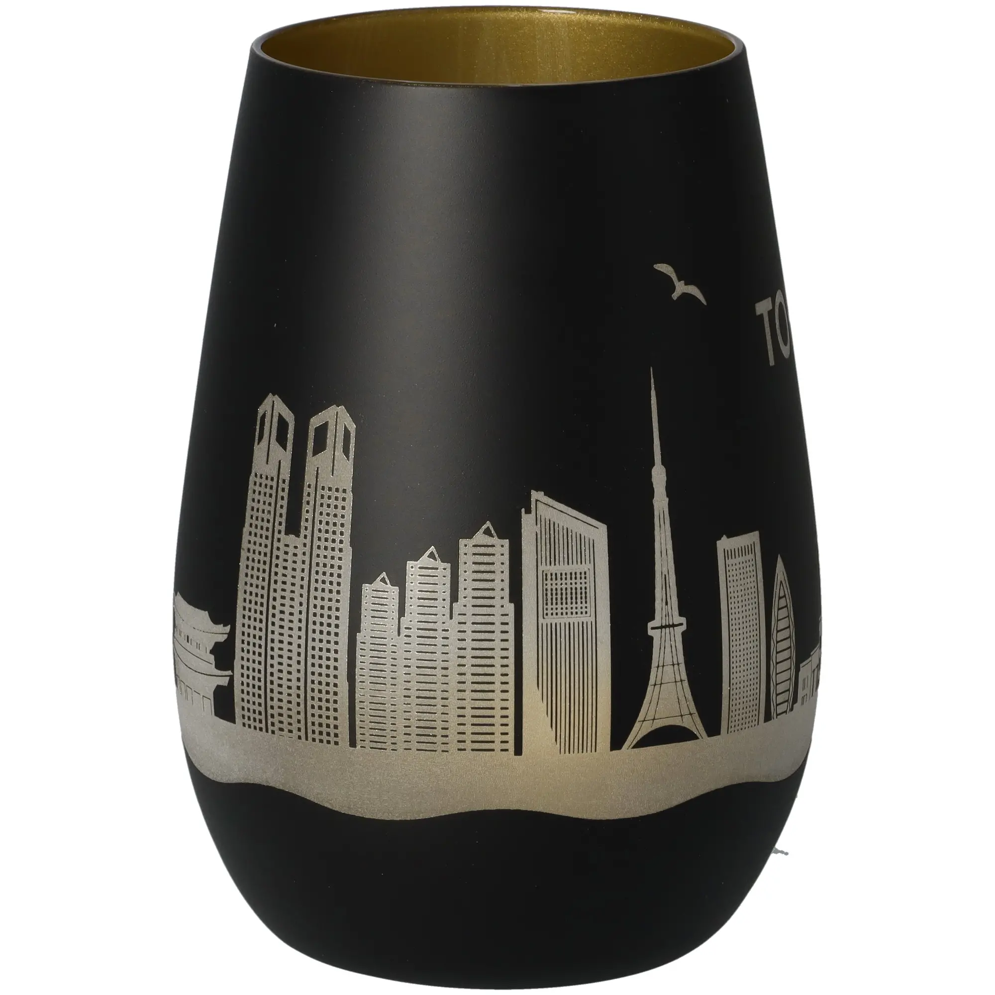 vase, schwarze vase, Stadt skyline, metallischer druck, goldenes innenleben