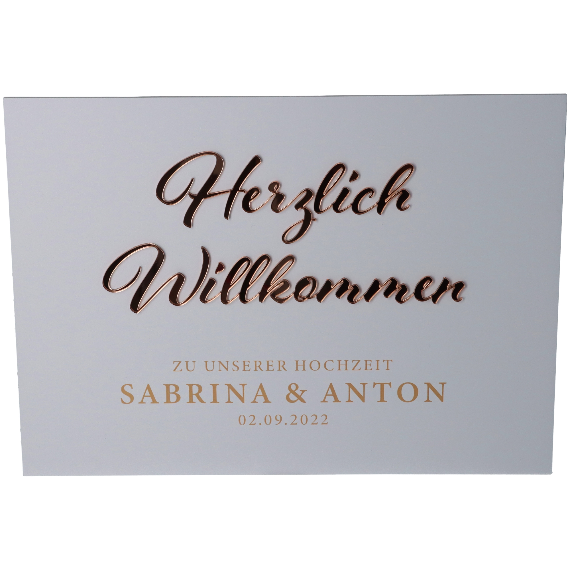 Willkommensschild Hochzeit Rosé Gold klein Visitenkarte, Papier, Text, Kalligraphie, Handschrift