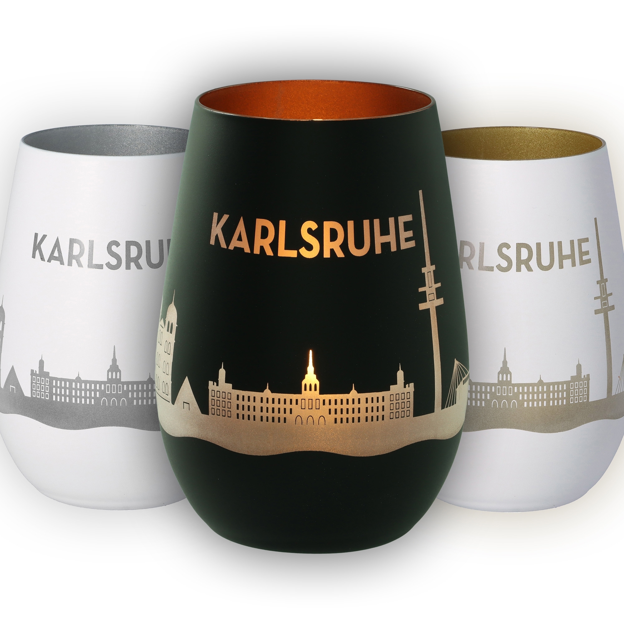 Kunststoffbecher, Weißer Becher, Städtische Silhouette, Goldene Akzente, Karlsruhe Hinweis