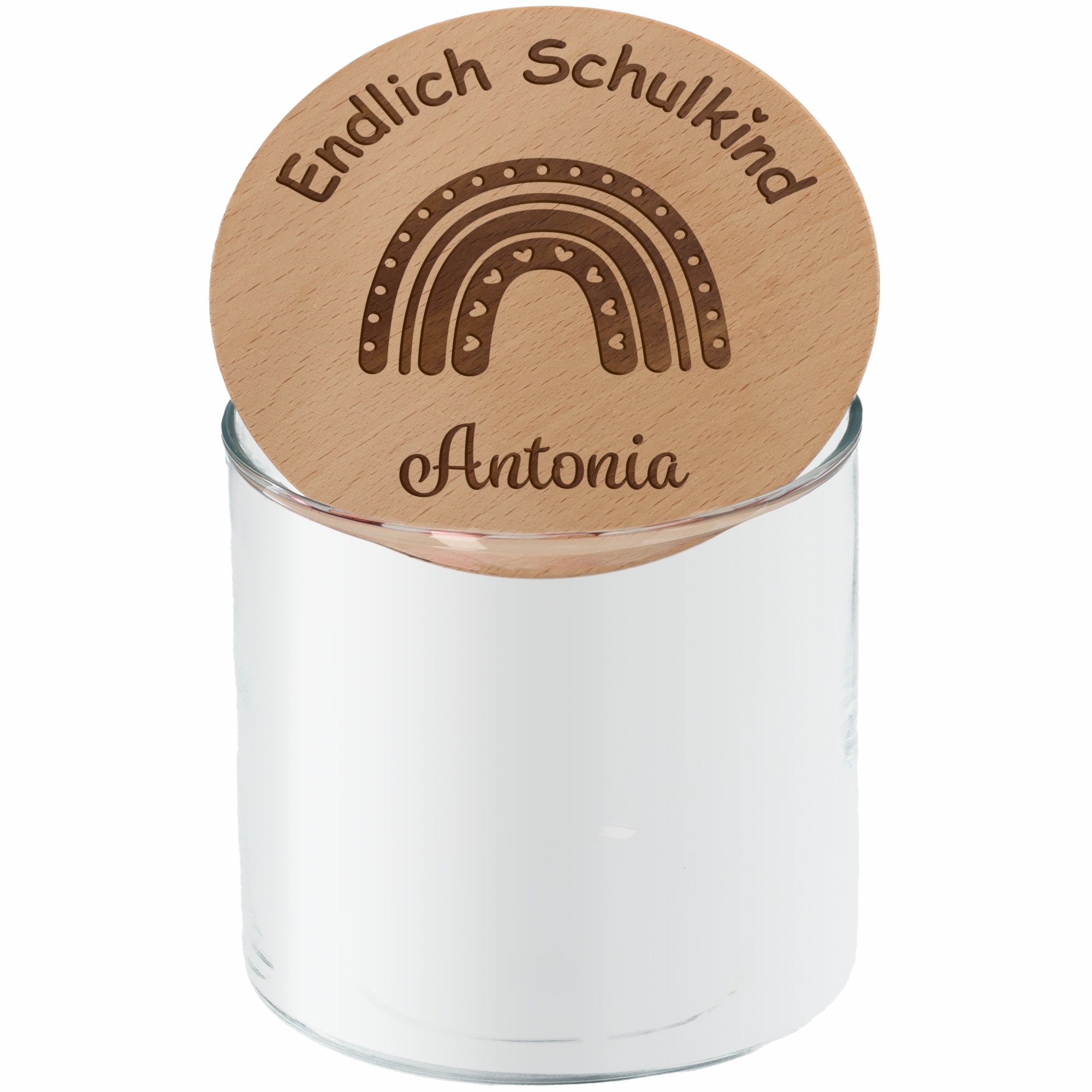 617ae8db1a43f5e13c544208576484bdecb07d3f Geschenkglas "Endlich Schulkind" Regenbogen mit Herzen