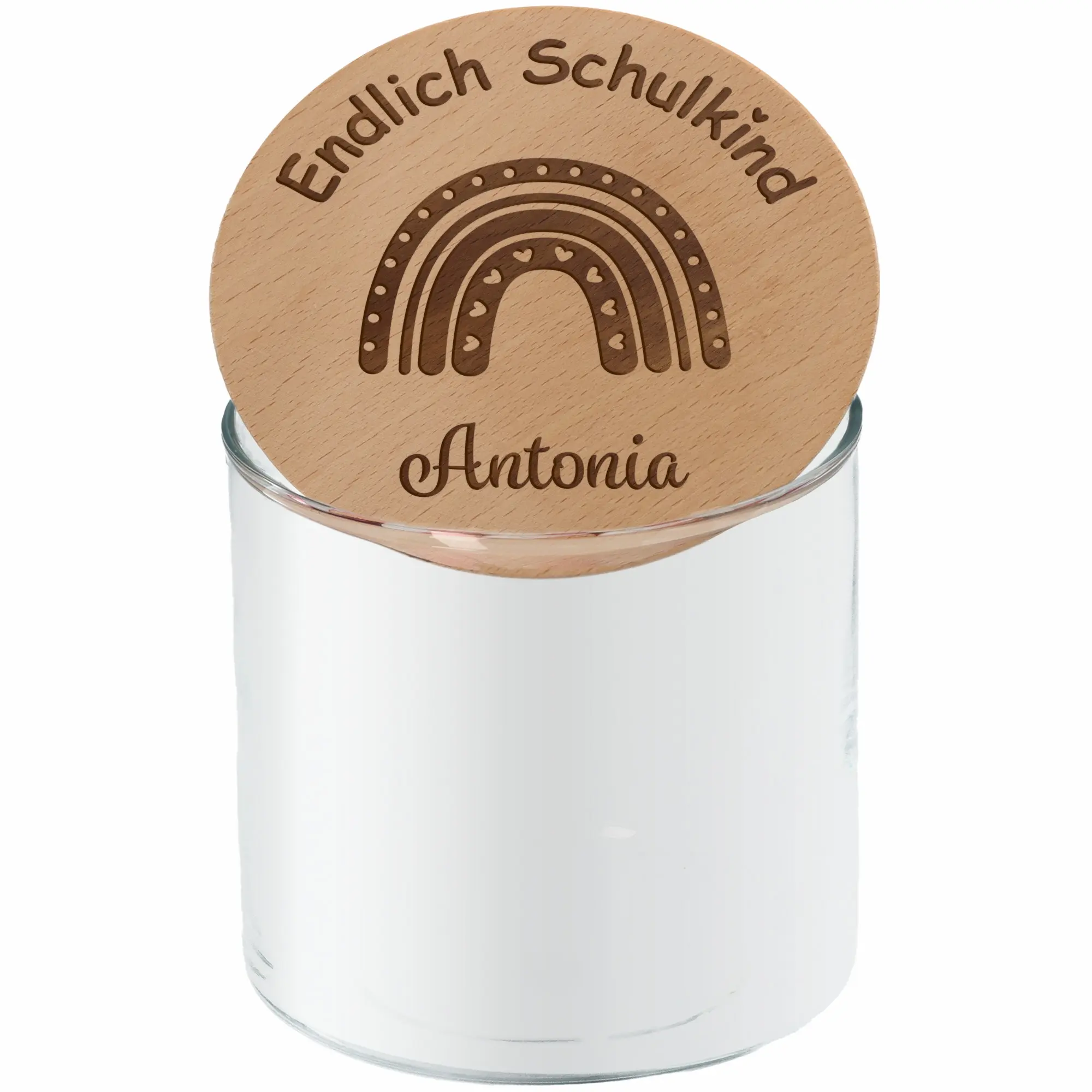 Geschenkglas "Endlich Schulkind" Regenbogen mit Herzen
