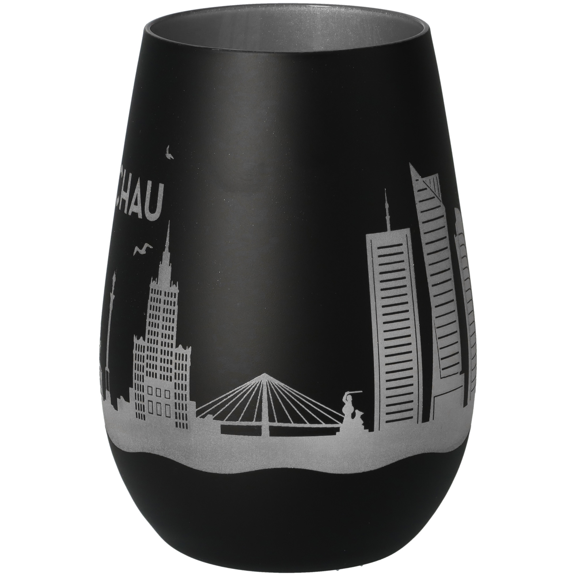 glasvase, schwarz, silber, stadtsilhouette, vase mit skyline