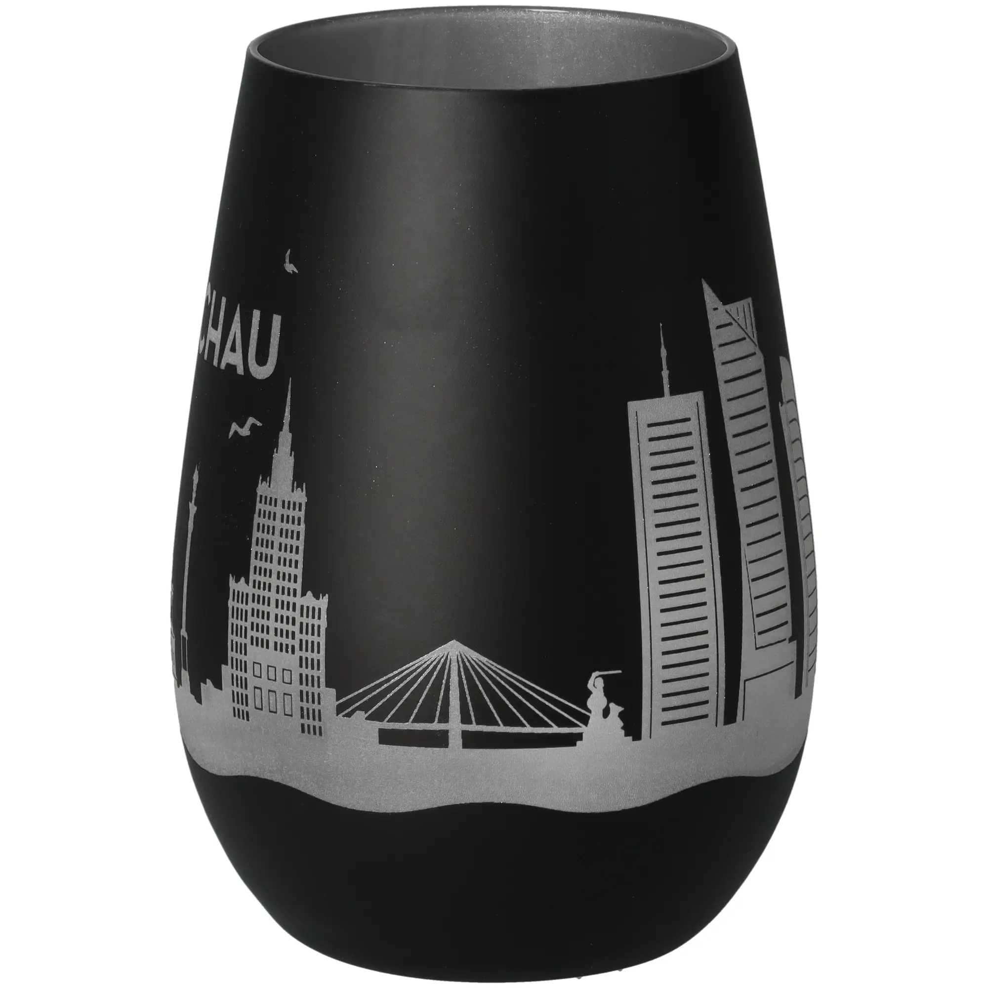 glasvase, schwarz, silber, stadtsilhouette, vase mit skyline