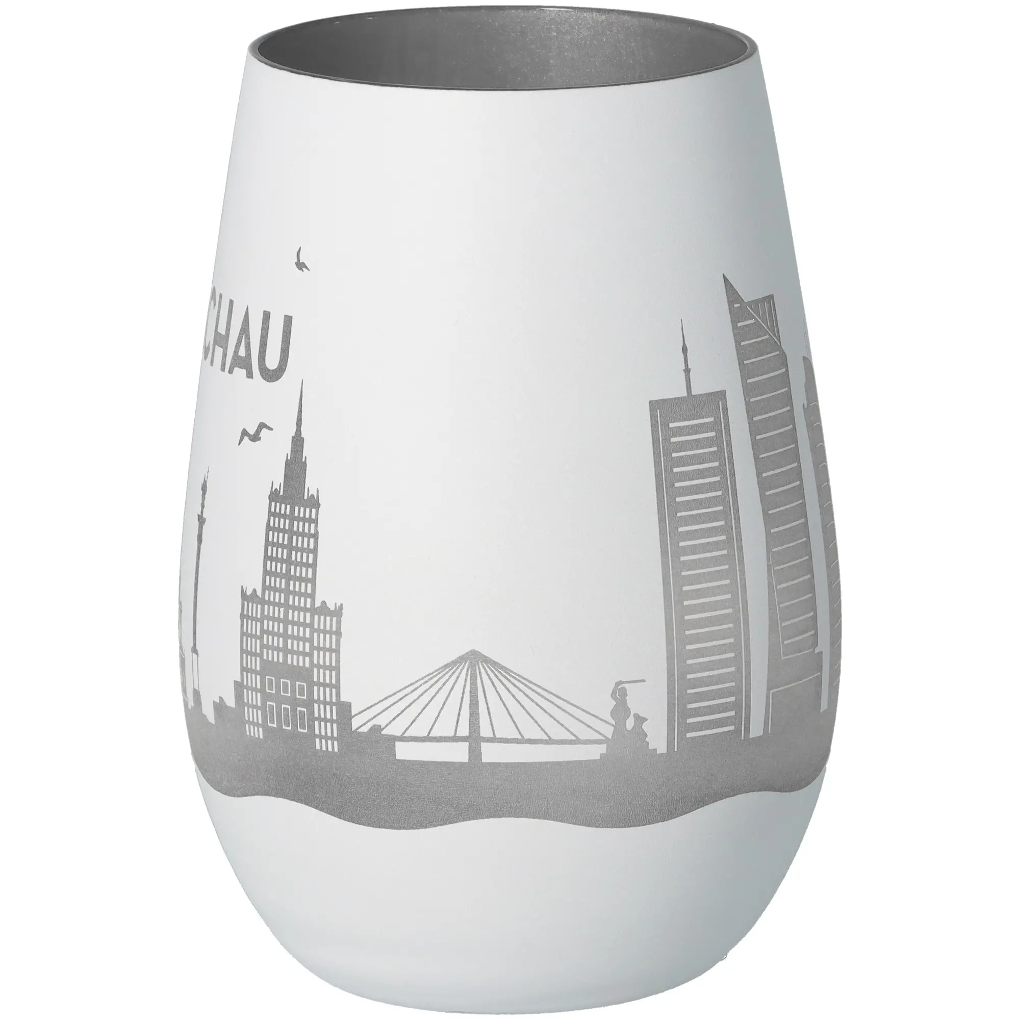 Vase, Porzellan, Grauer Print, Stadt-Silhouette, Mattweiß