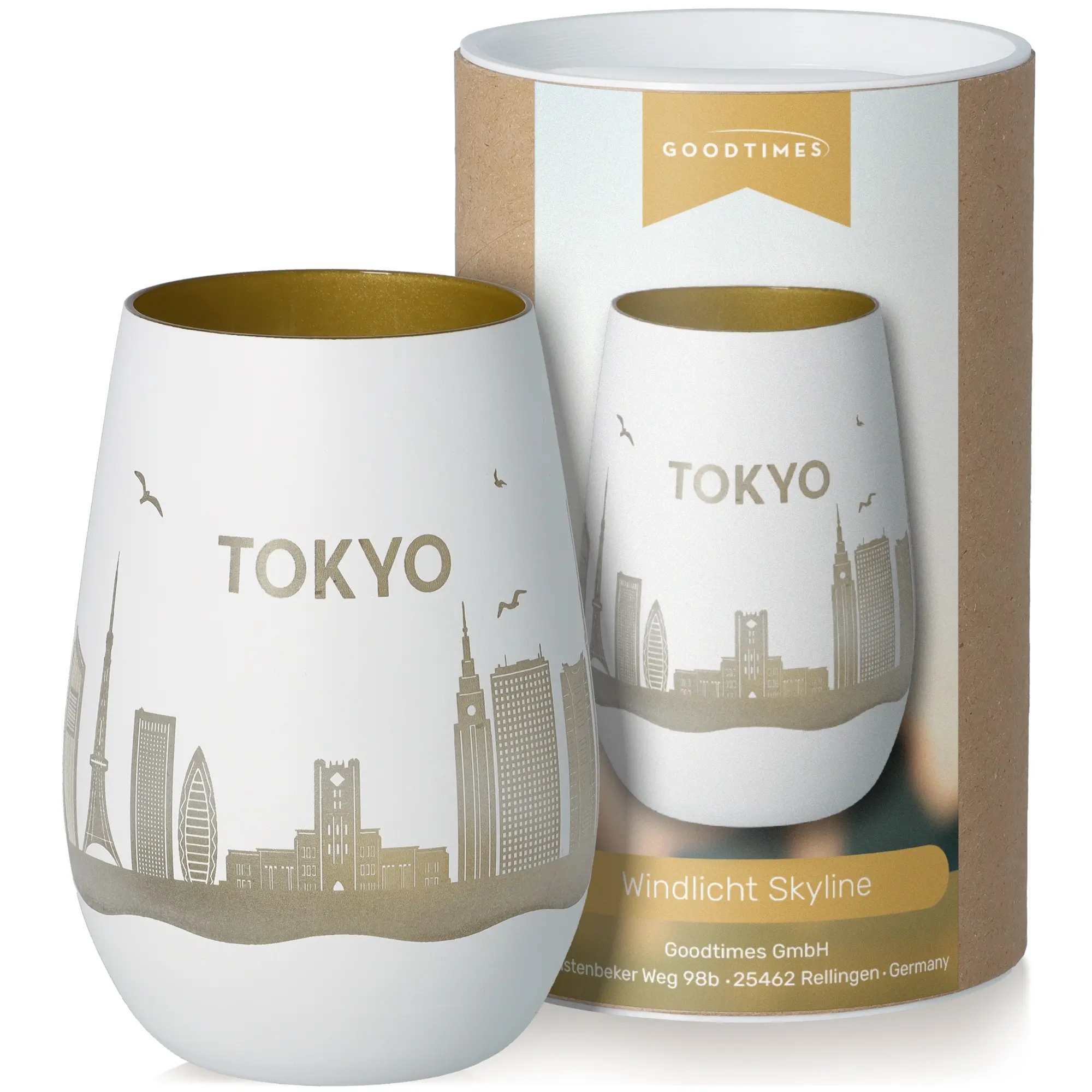 tokyo, Windlich Skyline, Gläser aus Keramik, weißes Porzellan, goldenes Innenleben