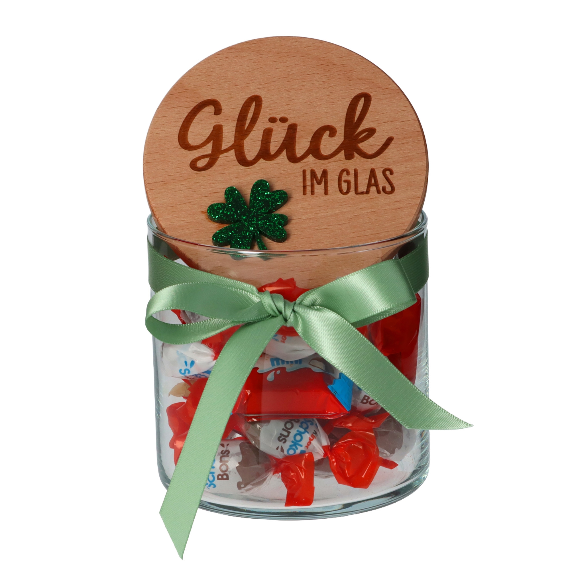 Geschenkglas "Glück im Glas" Glitzergrün Krug, Essen, Süßigkeiten