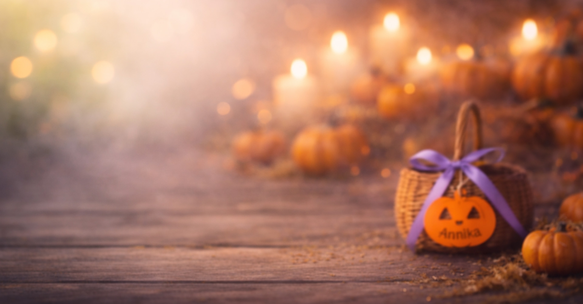 Kürbis, Korb, Kürbis-Laterne, lila Schleife, Herbstdeko