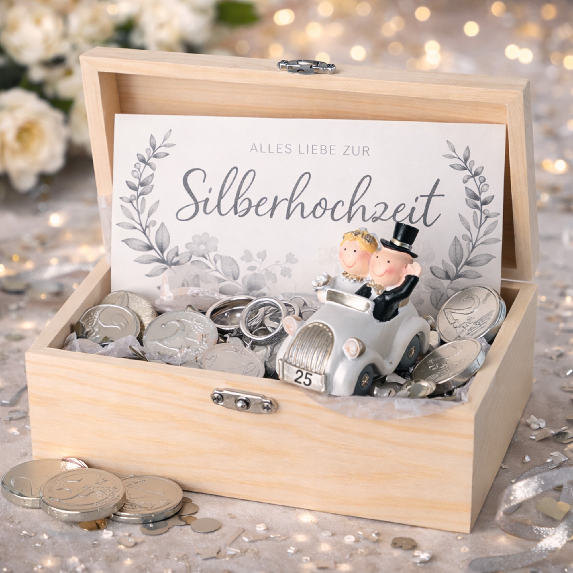 hochzeit, münzenbox, geschenkkiste, brautpaar figur, auto figur