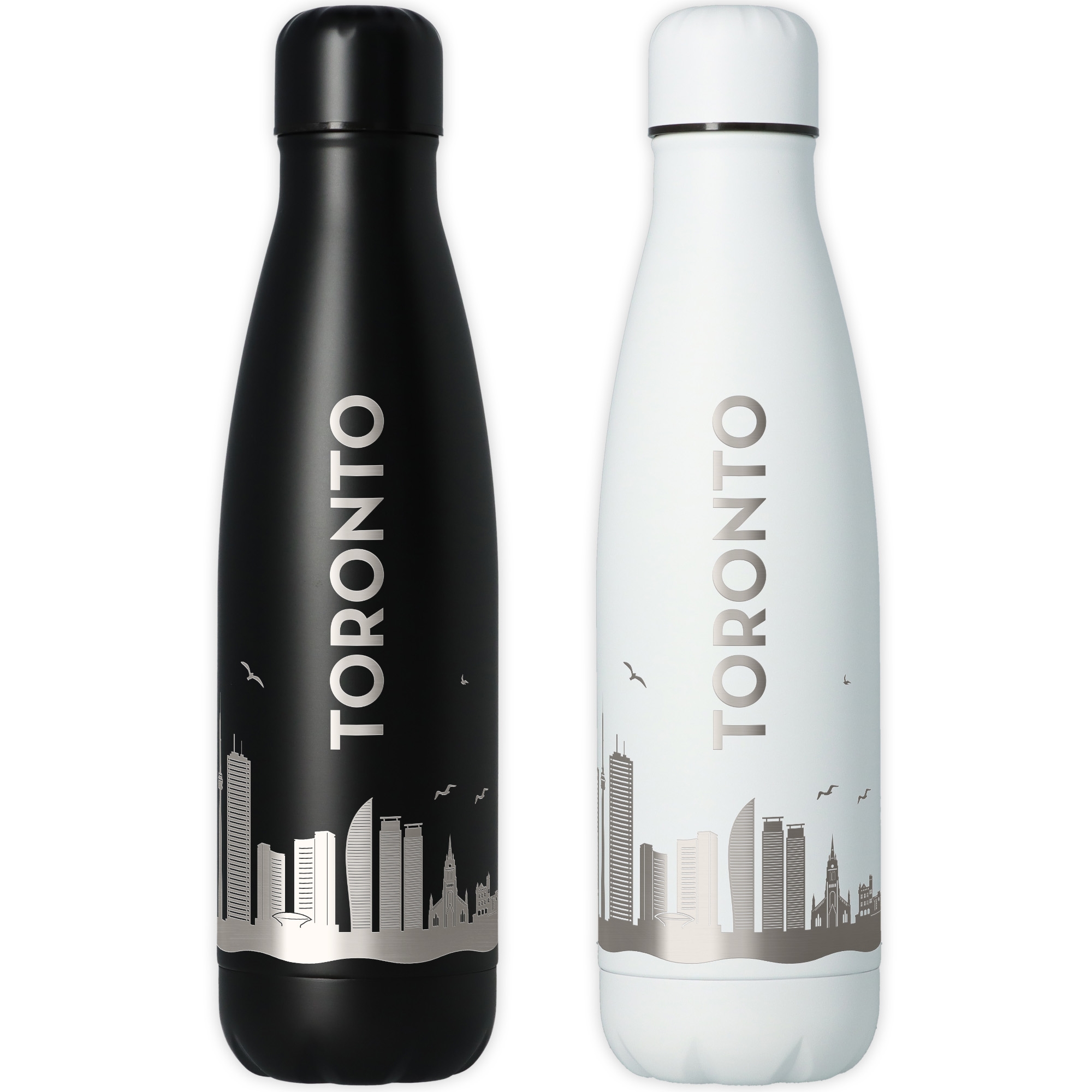 Wasserflasche, Vakuumisoliert, Doppelwandig, Stadt-Silhouette, Schwarz/Weiß
