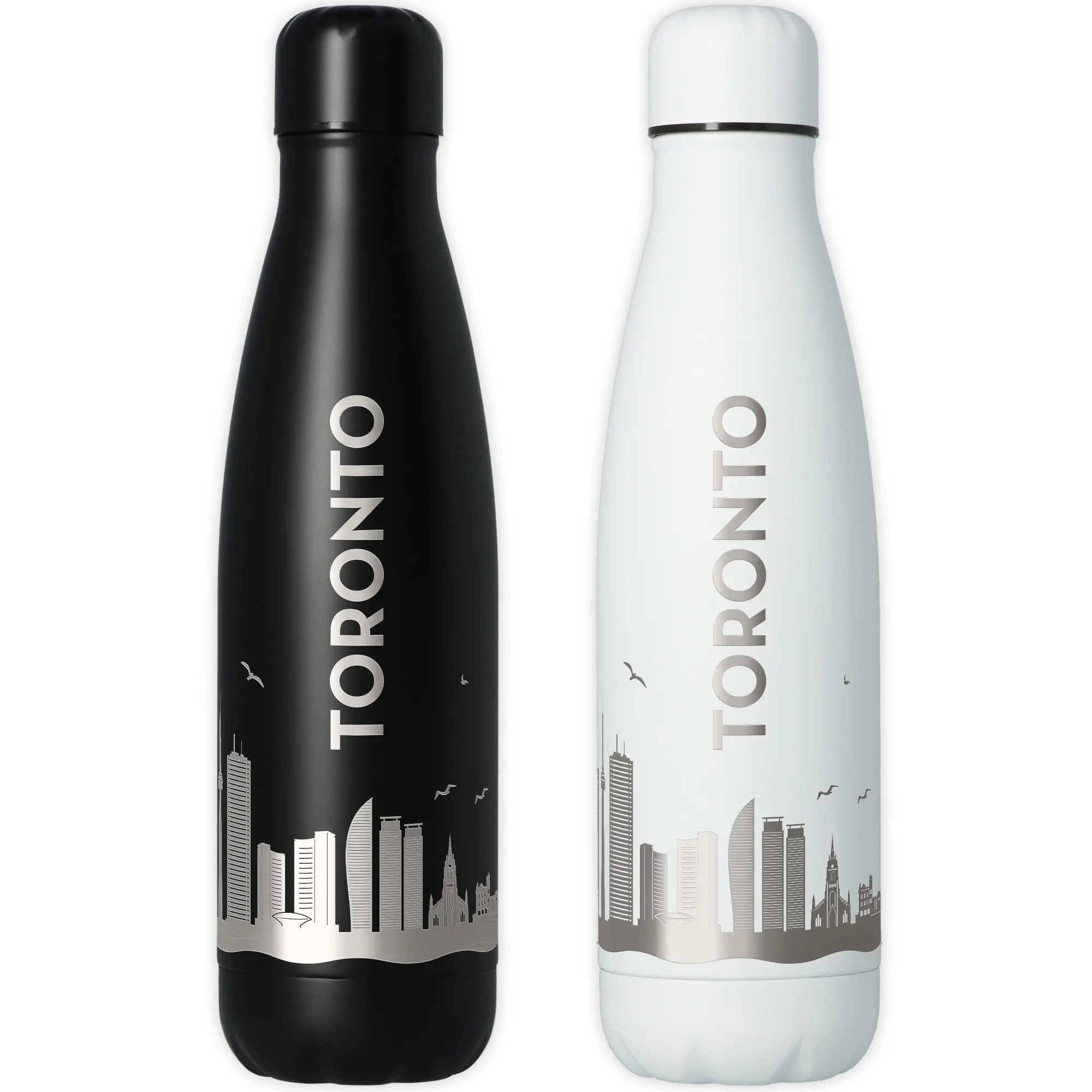 Wasserflasche, Vakuumisoliert, Doppelwandig, Stadt-Silhouette, Schwarz/Weiß