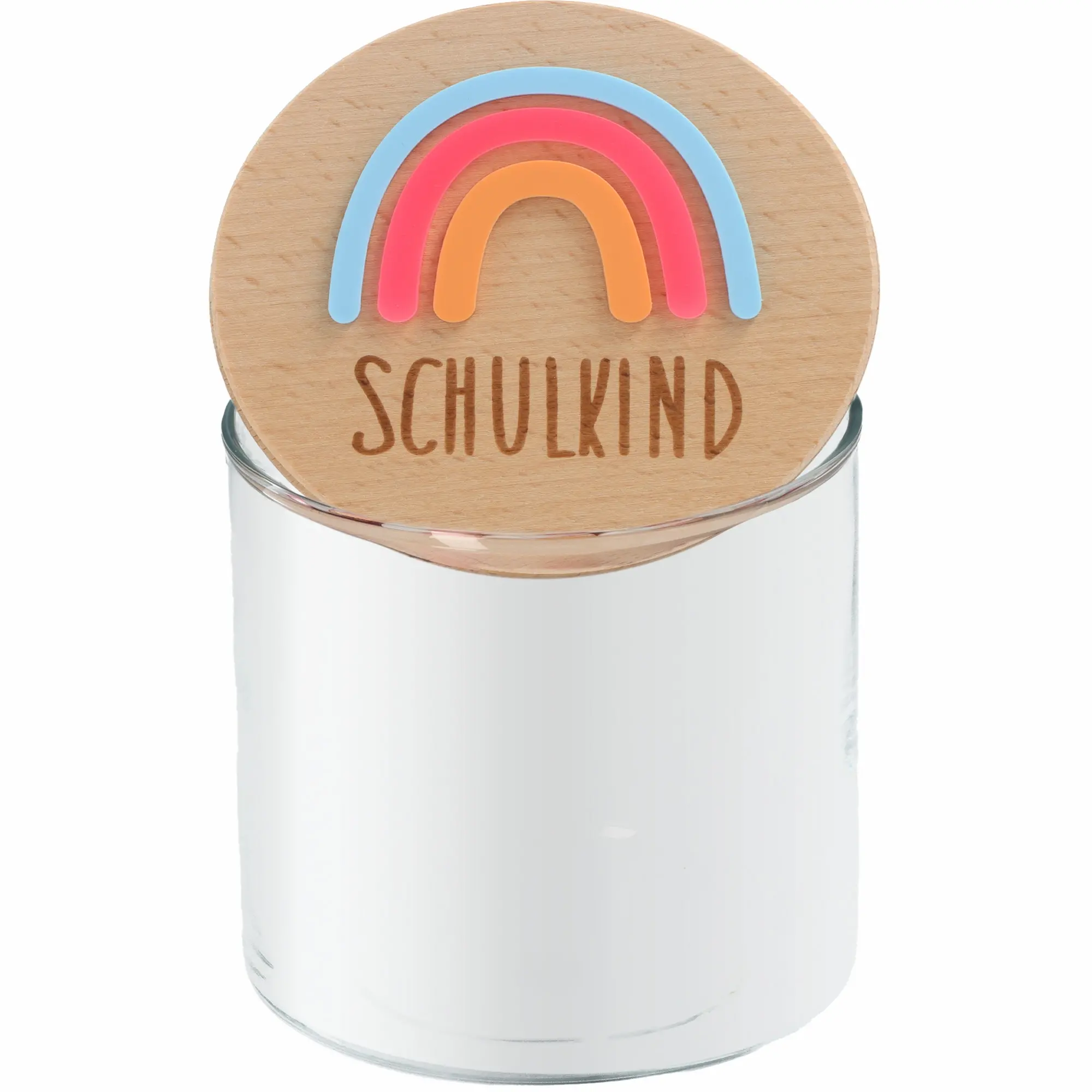 holzdeckel, regenbogen, schulkind, glasbehälter, kleidung-?