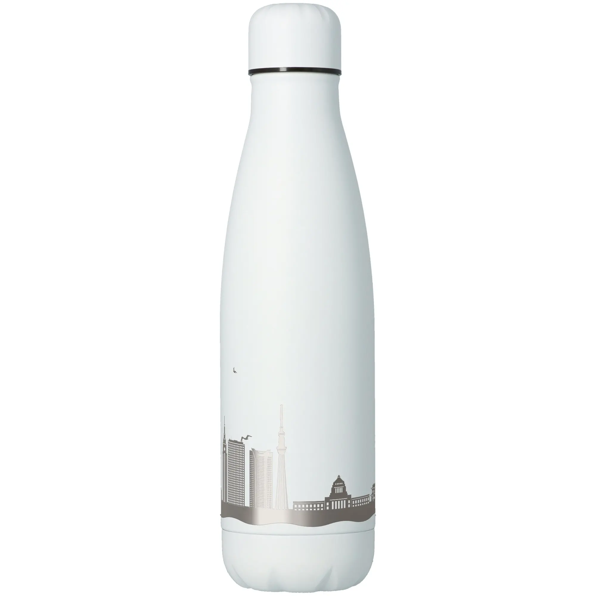 Flasche, Thermosflasche, Edelstahl, Weiß, Stadt-Silhouette