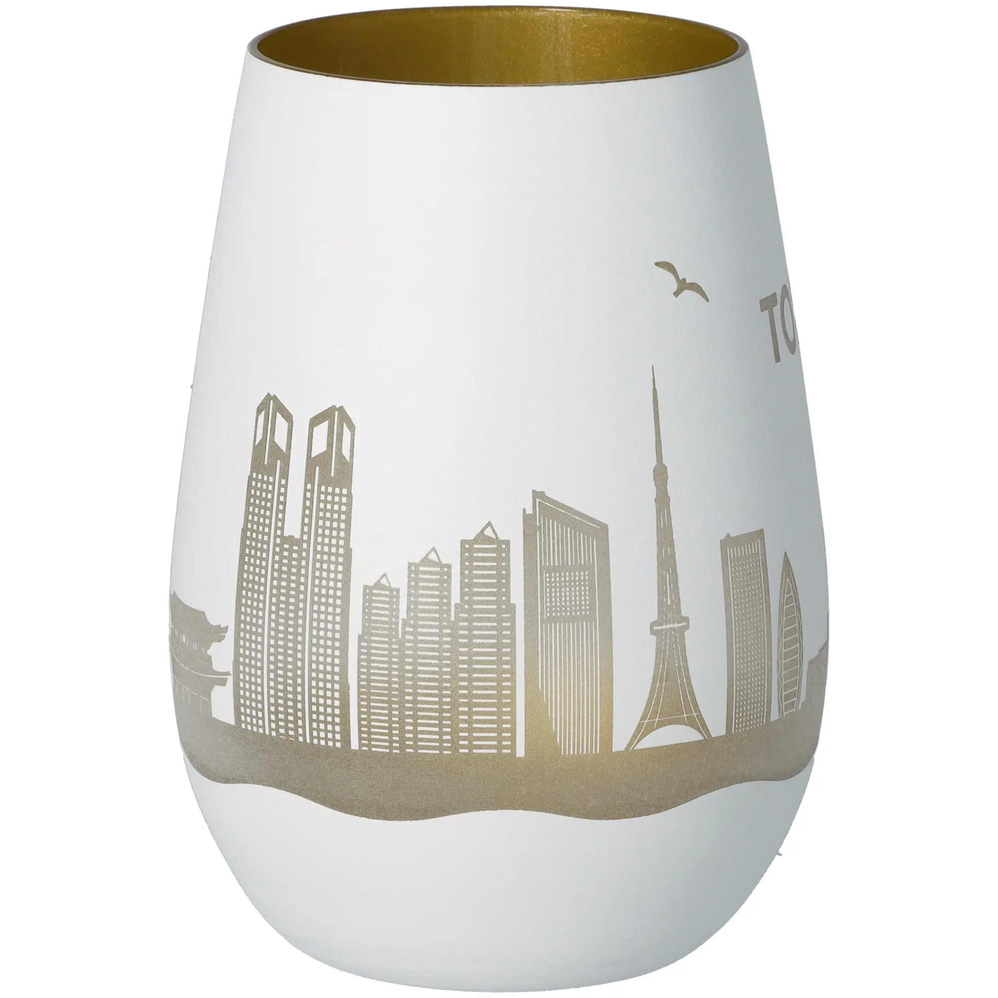 Vase, Tumbler, Stadt-Skyline, Weiße Keramik, Goldene Innenfarbe