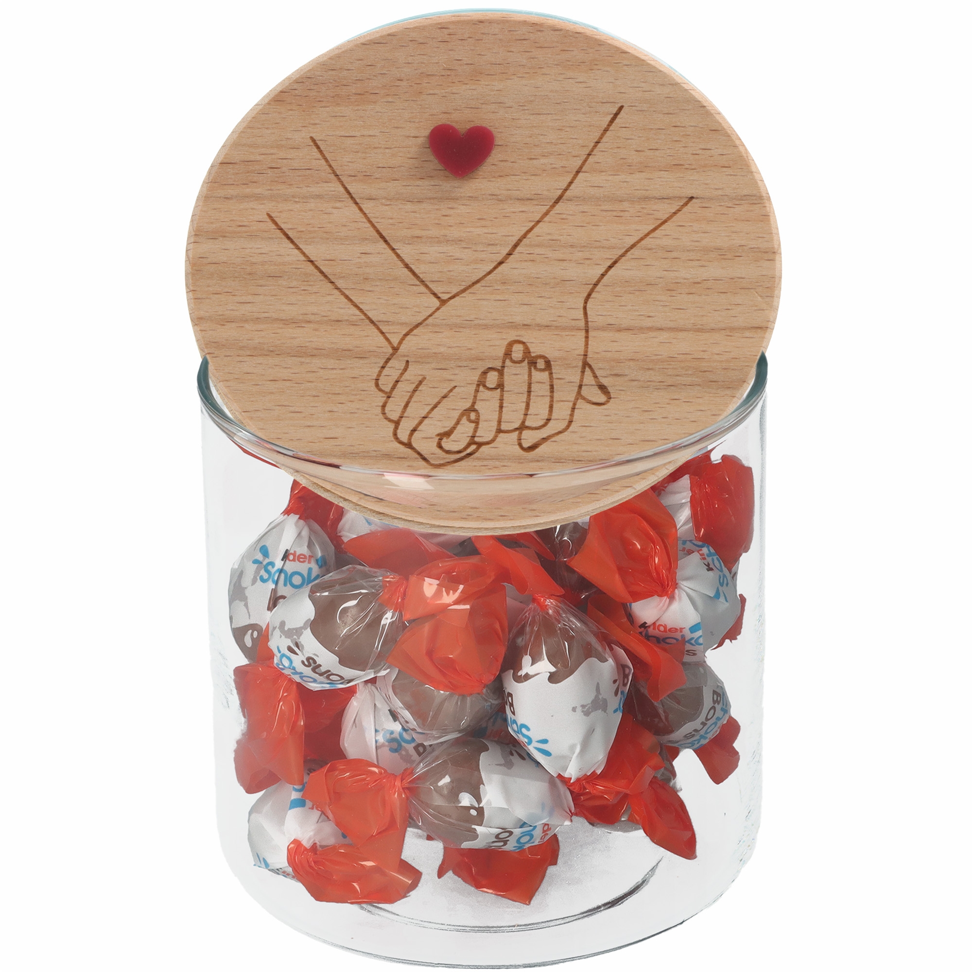 glass jar, candy, lollies, red wrappers, wood lid