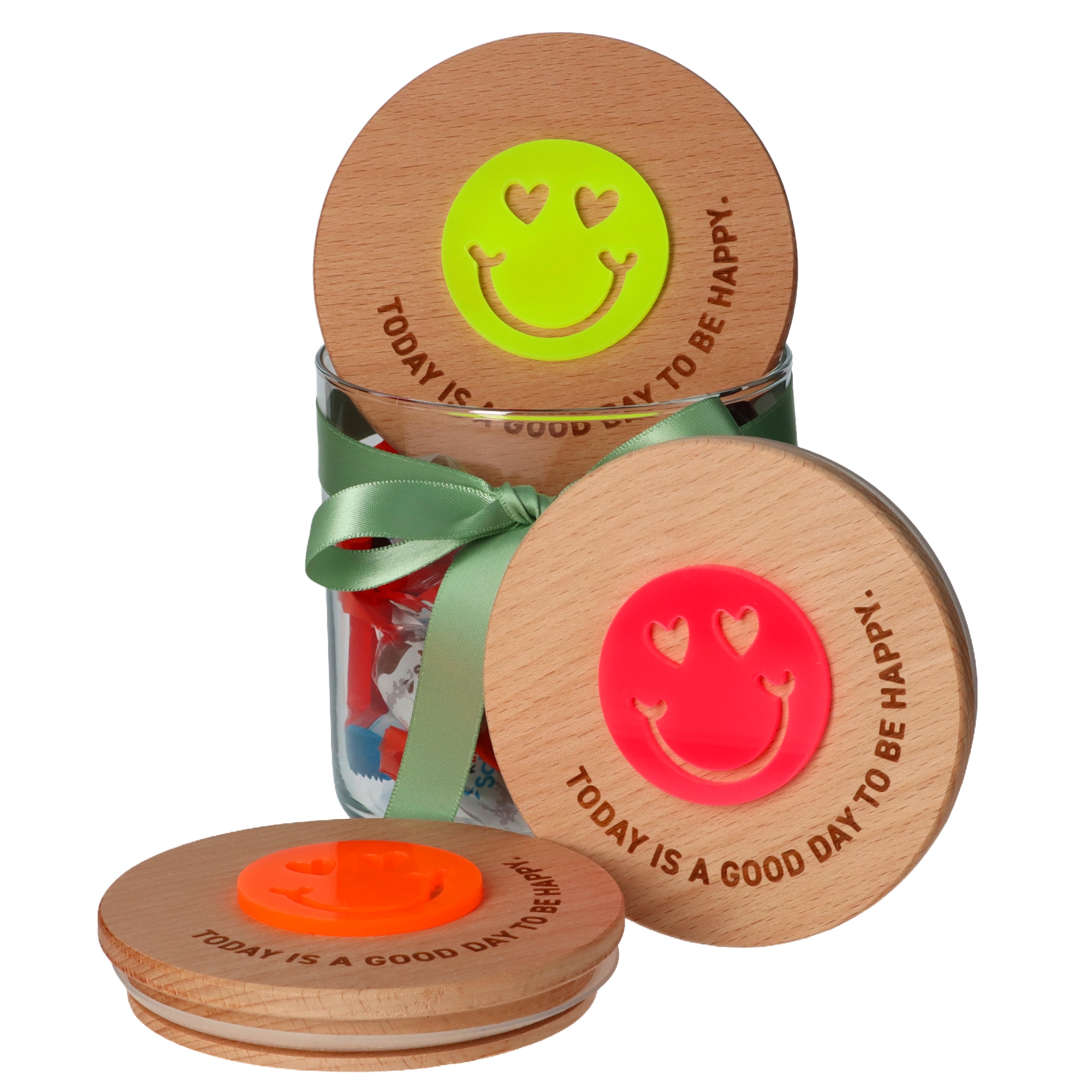 Geschenkglas "GOOD DAY" Neongelb Kopf, Person, Glas, Gesicht