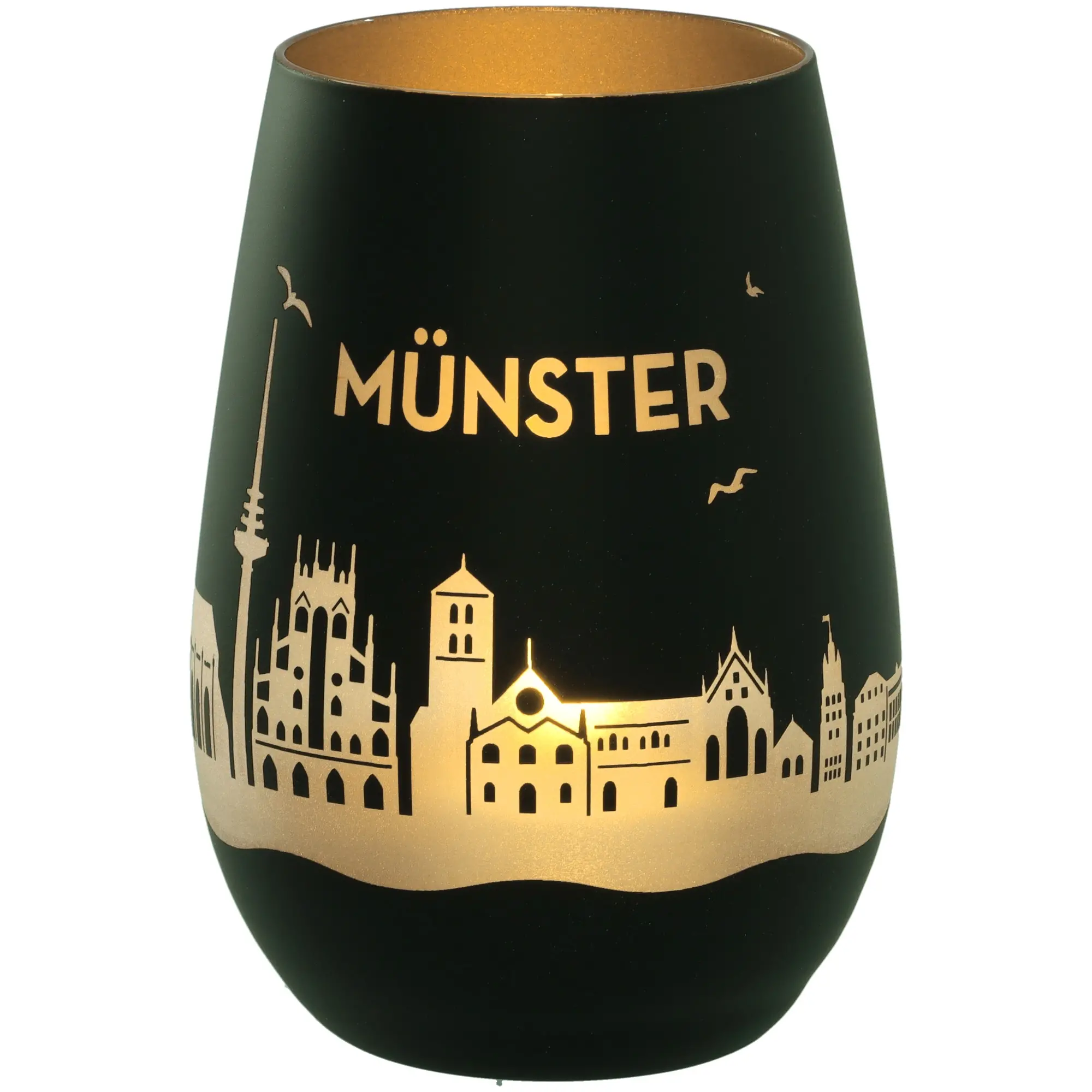 glas, tumbler, stadt-silhouette, goldene druck, Münster