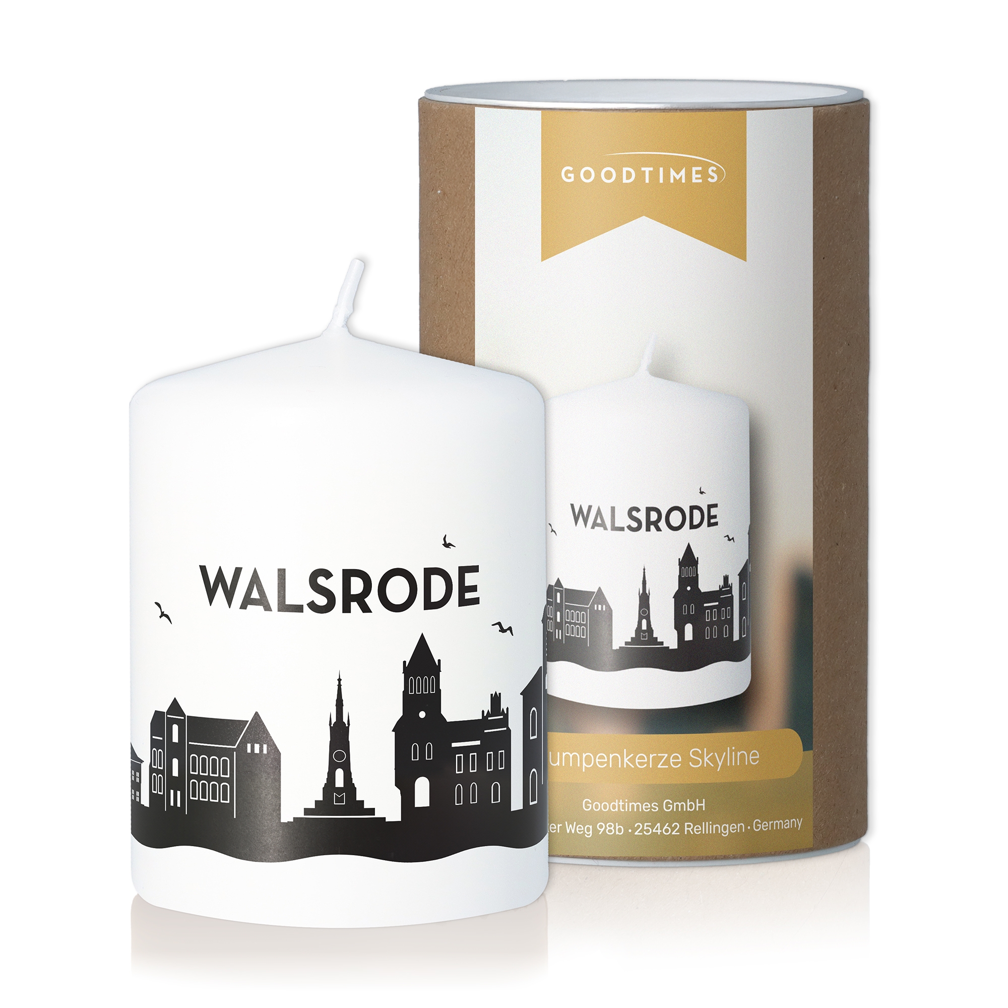 Stumpenkerze Skyline Walsrode Flasche