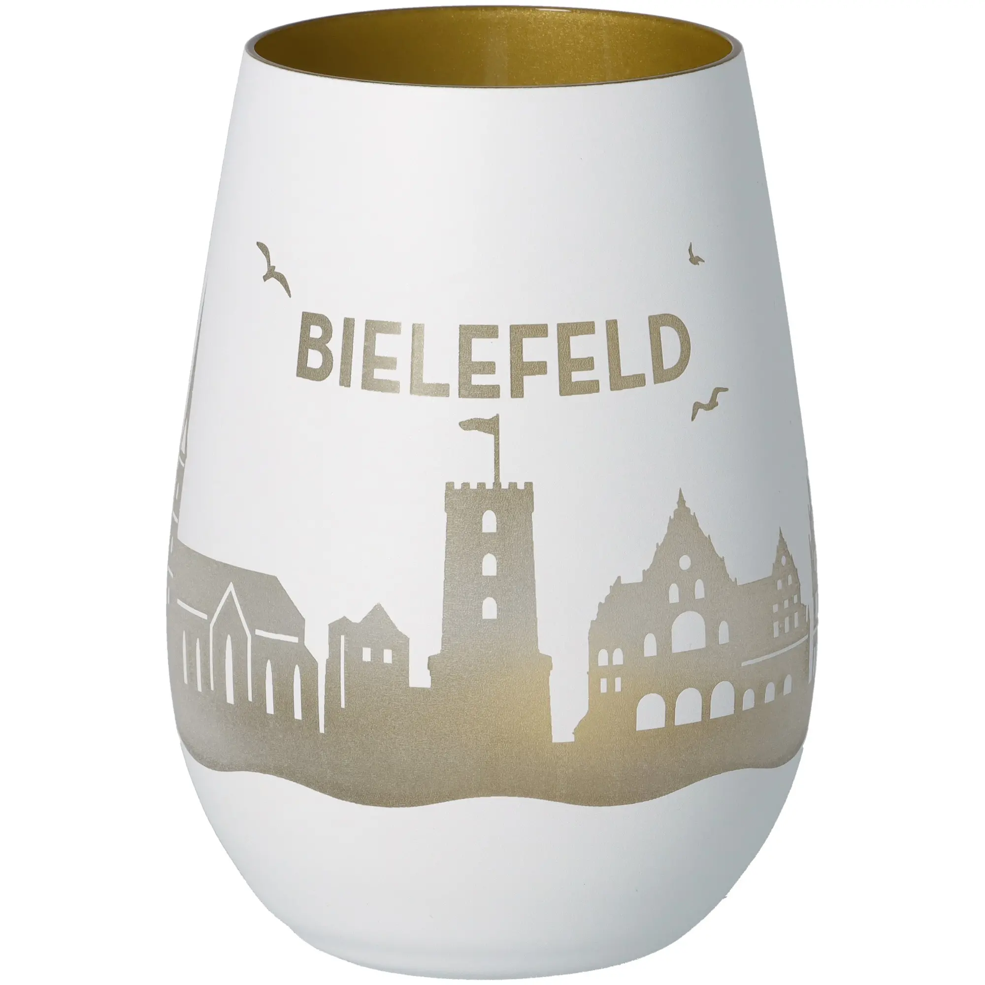 glasiertes Gefäß, weiße Vase, goldene Silhouette, Bielefeld-Skyline, Keramik Geschenk