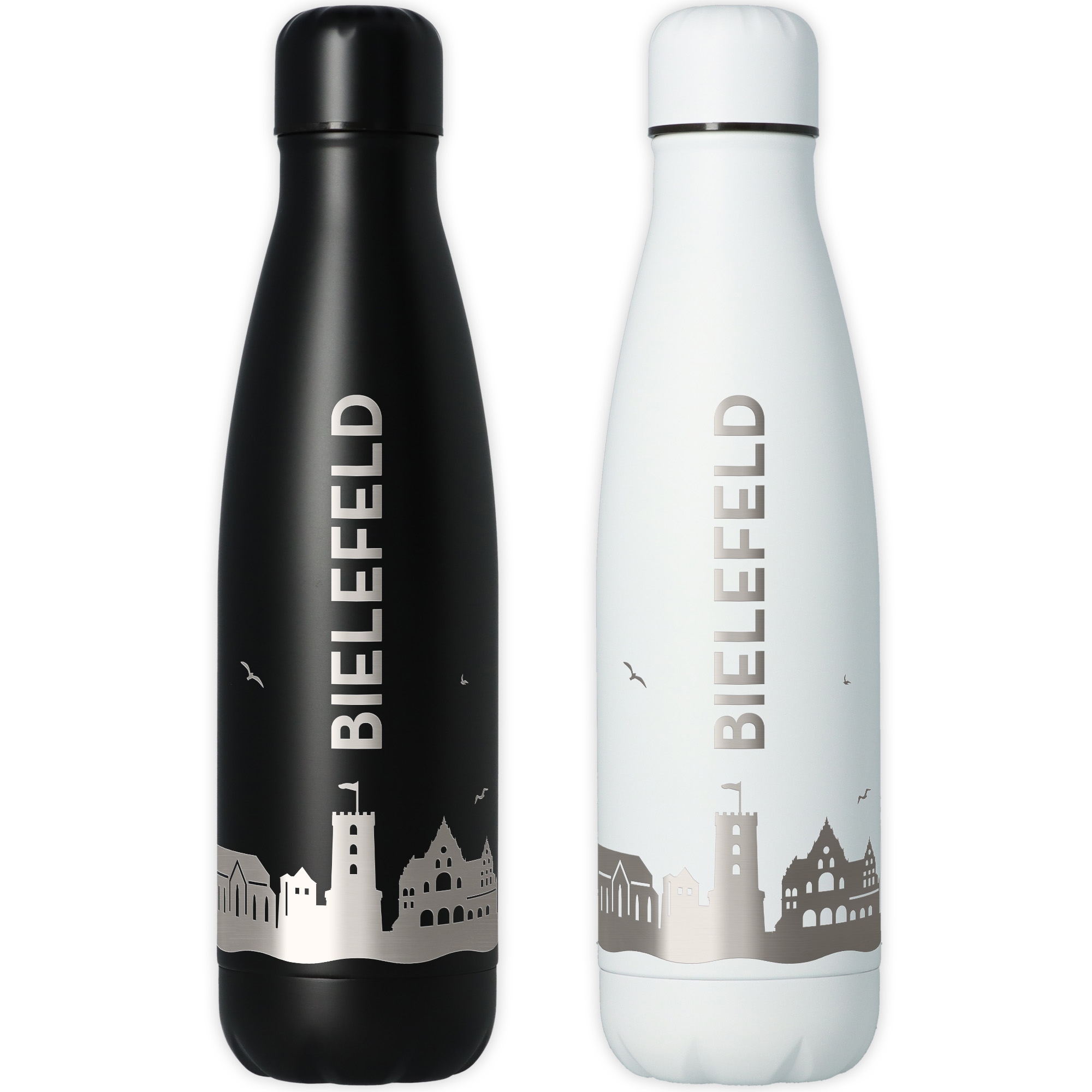 Flasche, Trinkflasche, Material Edelstahl, Farbe Schwarz/Weiß, Stadtlandschaft Muster