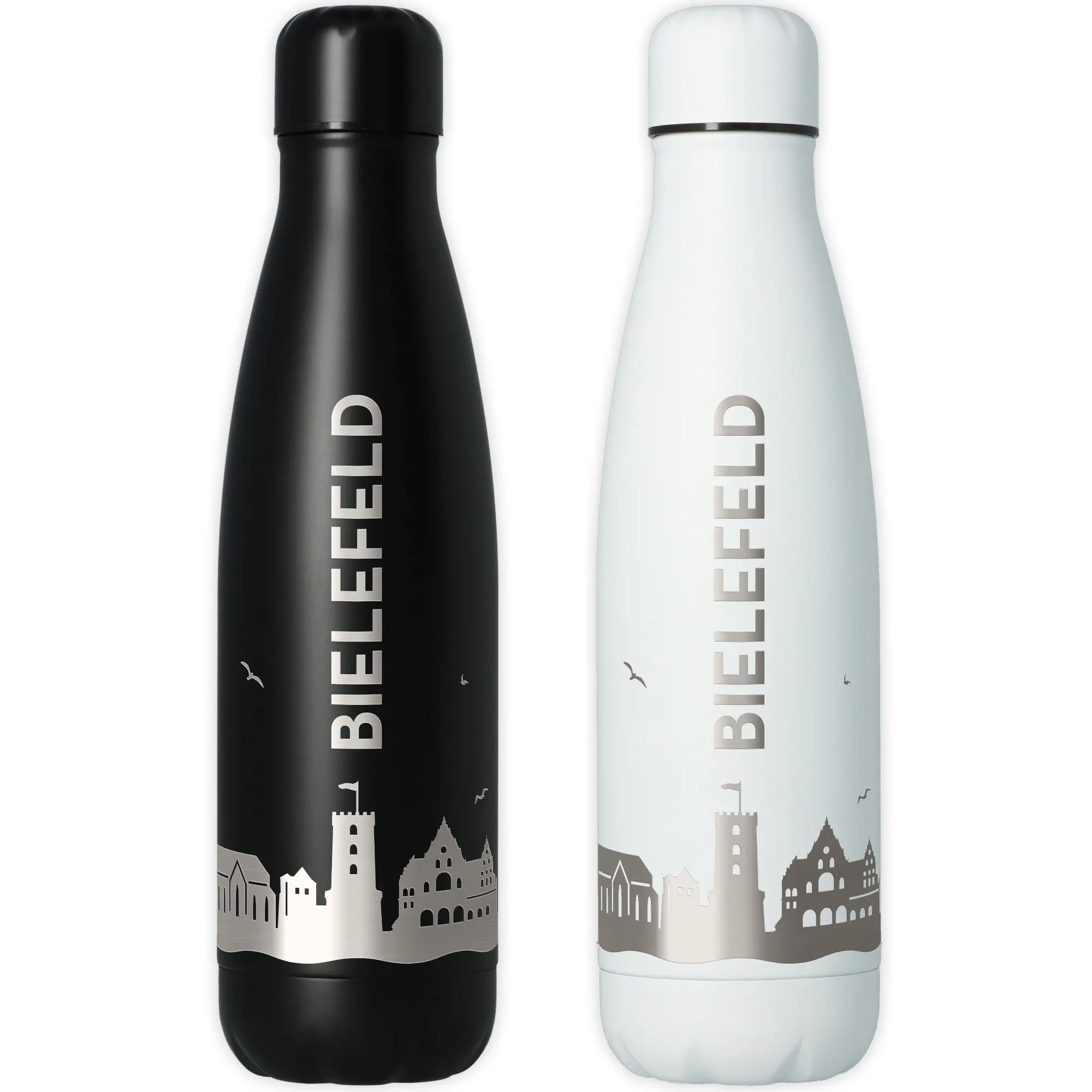 Flasche, Trinkflasche, Material Edelstahl, Farbe Schwarz/Weiß, Stadtlandschaft Muster
