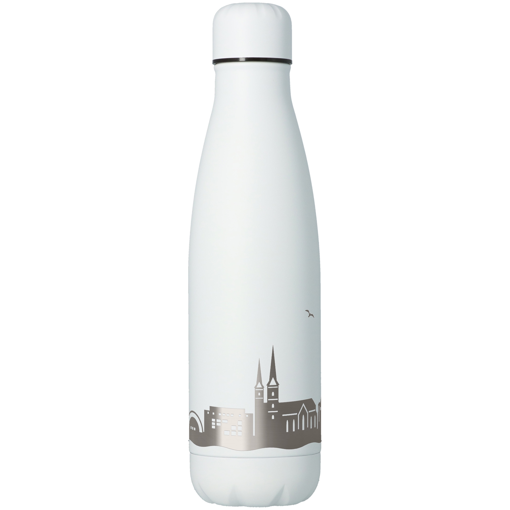Flasche, Thermosflasche, Trinkflasche, Stadtmotiv, Silber/weiß