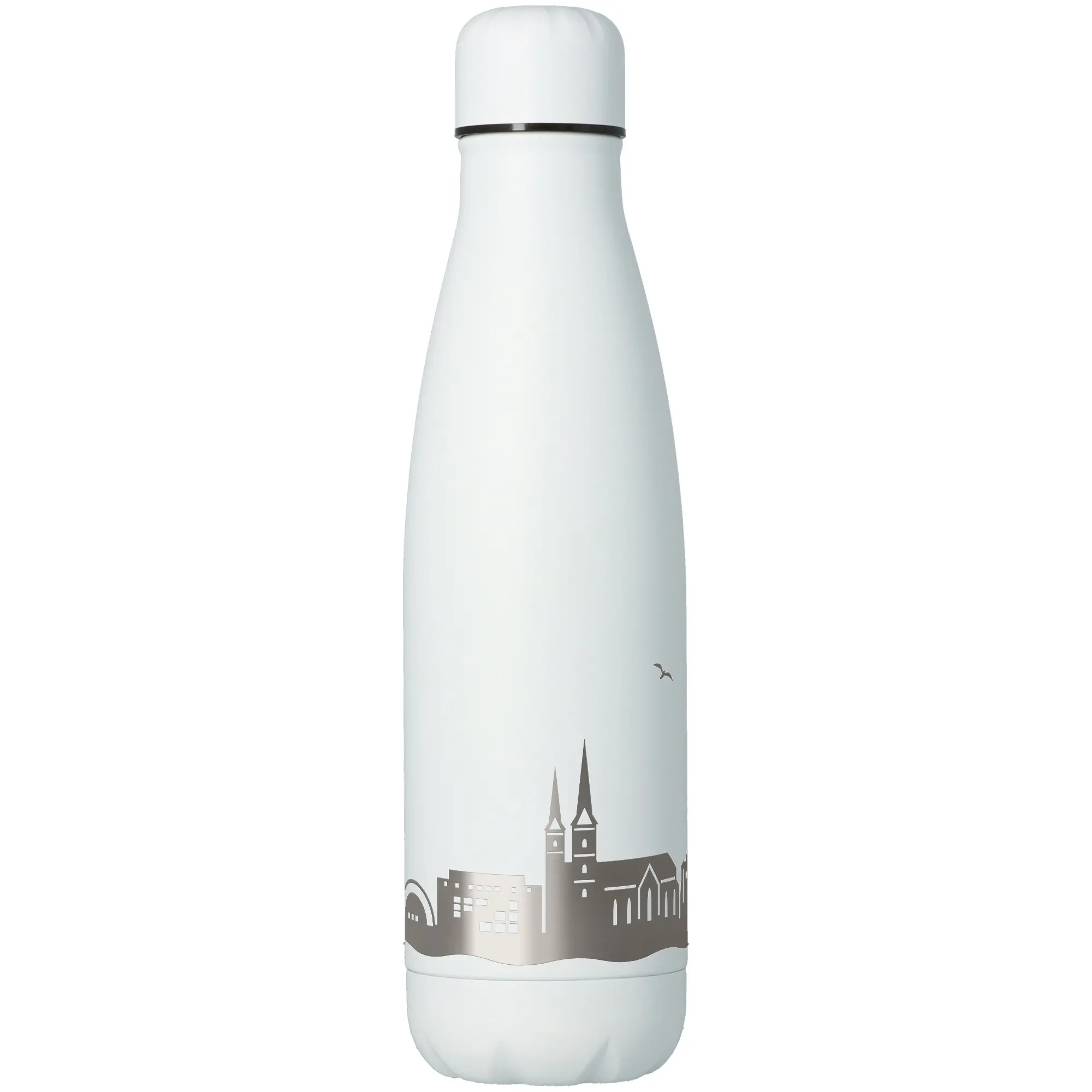Flasche, Thermosflasche, Trinkflasche, Stadtmotiv, Silber/weiß