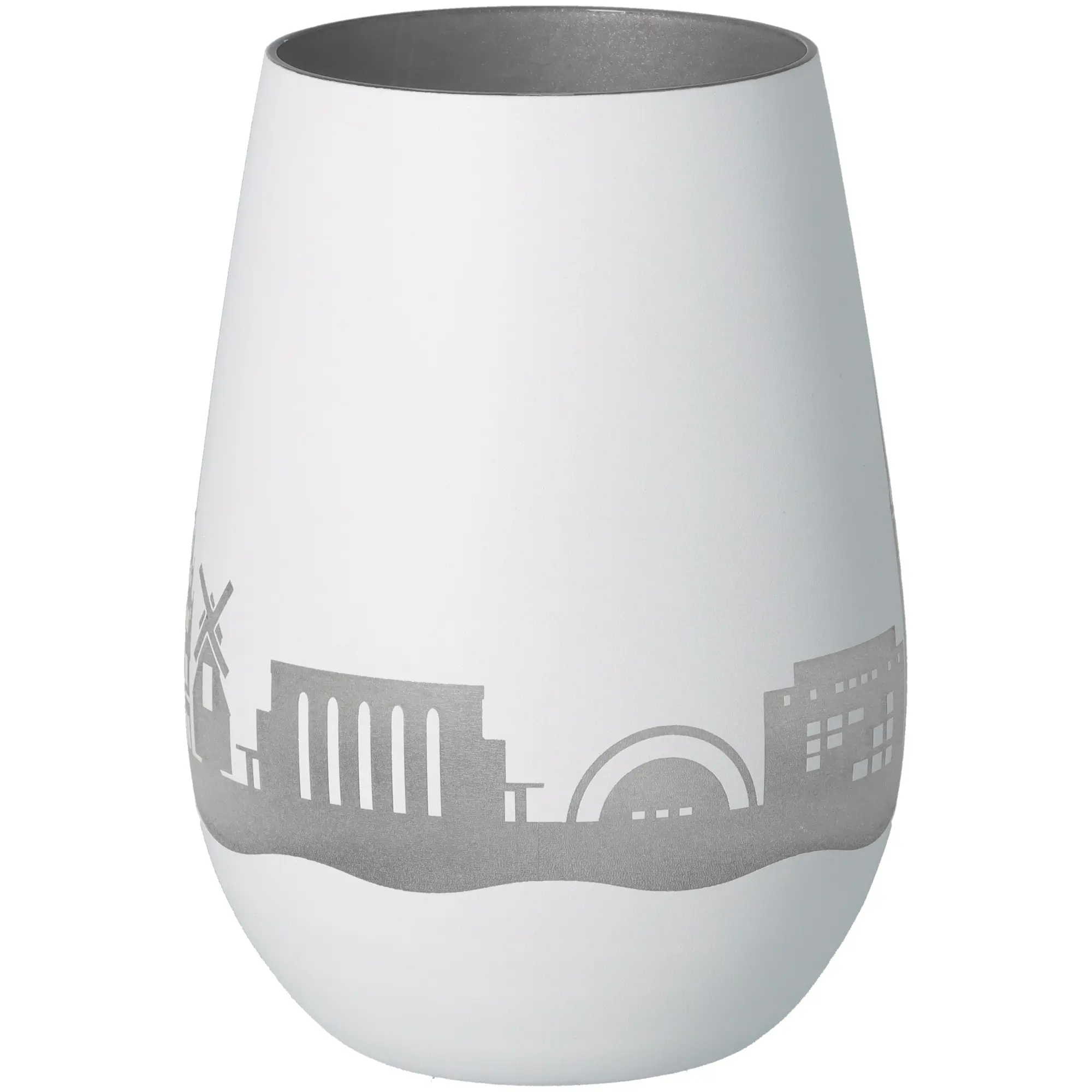Vase, Porzellan, weiße Vase, Graue Muster, Stadt-Silhouette