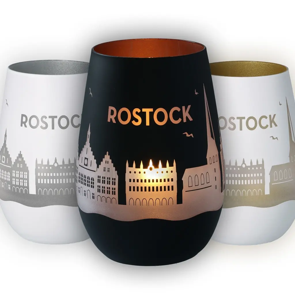 glas, becher, rosock, gebäudemuster, städteansicht
