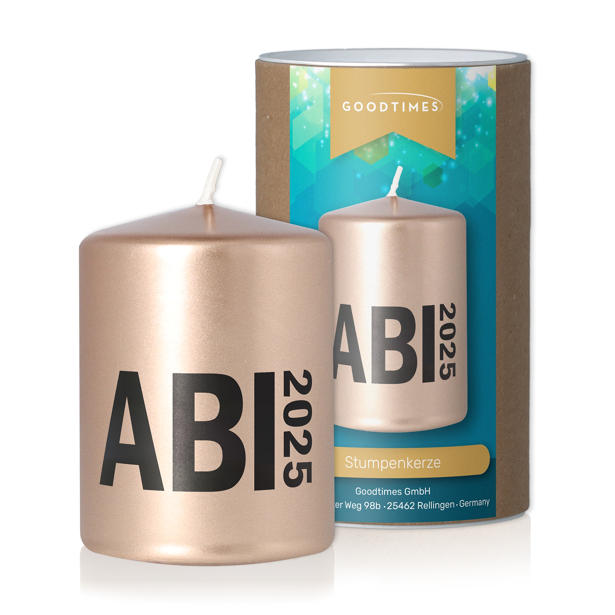Stumpenkerze Metallic Kupfer "ABI 2025" Kerze
