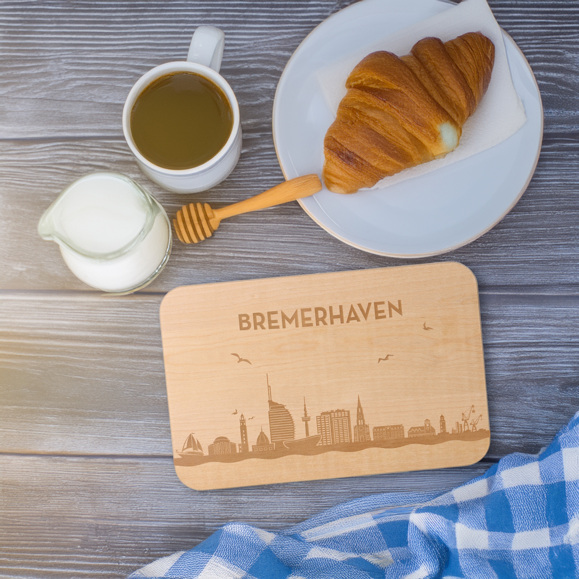 Frühstücksbrett Skyline Bremerhaven Essen, Brot