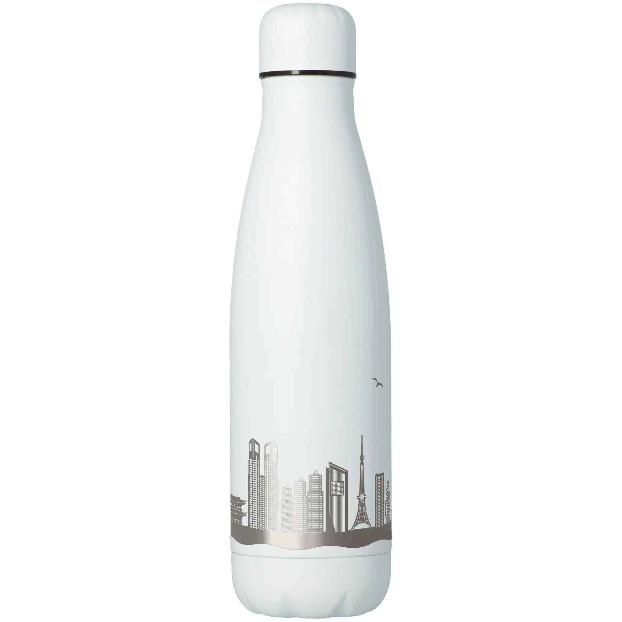 stahlflasche, thermische Flasche, Stadt-Skyline, weiße Flasche, schmale Flasche