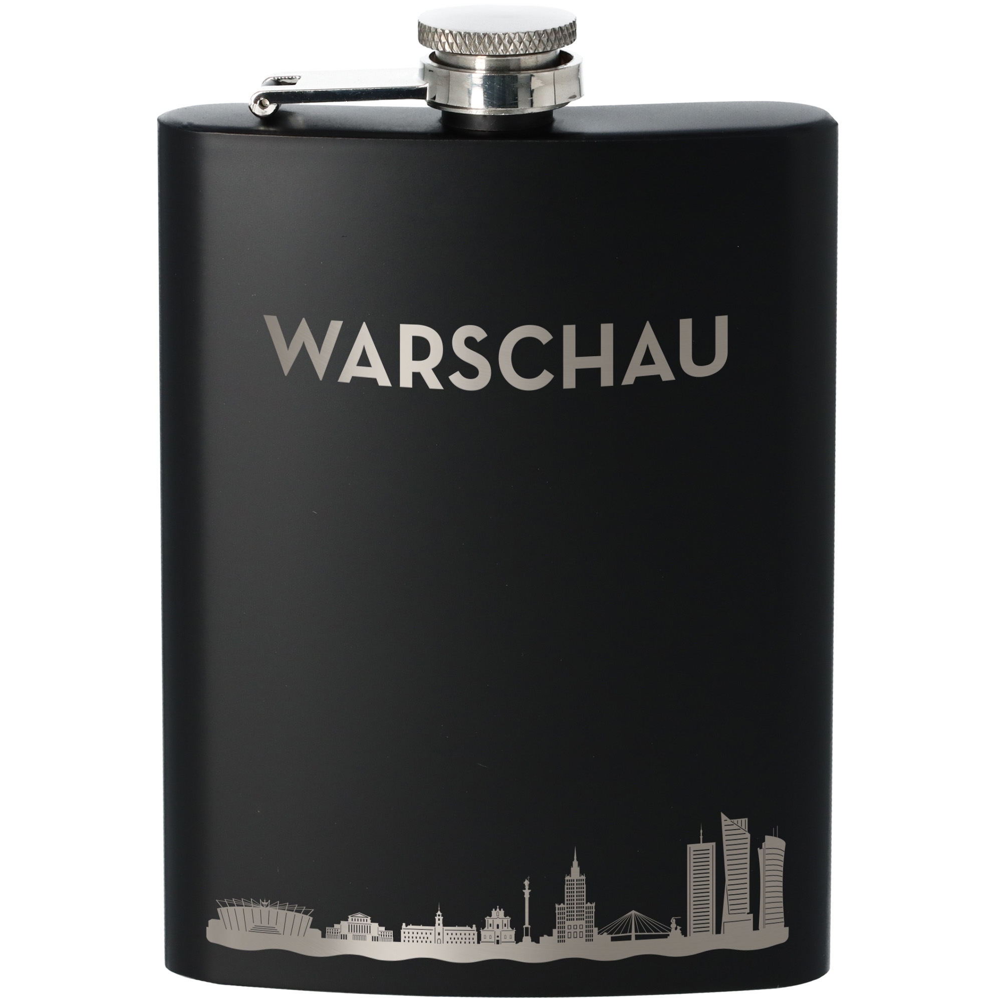 Flachmann, Stahl, Schwarz, Trinkflasche, Städtische Silhouette