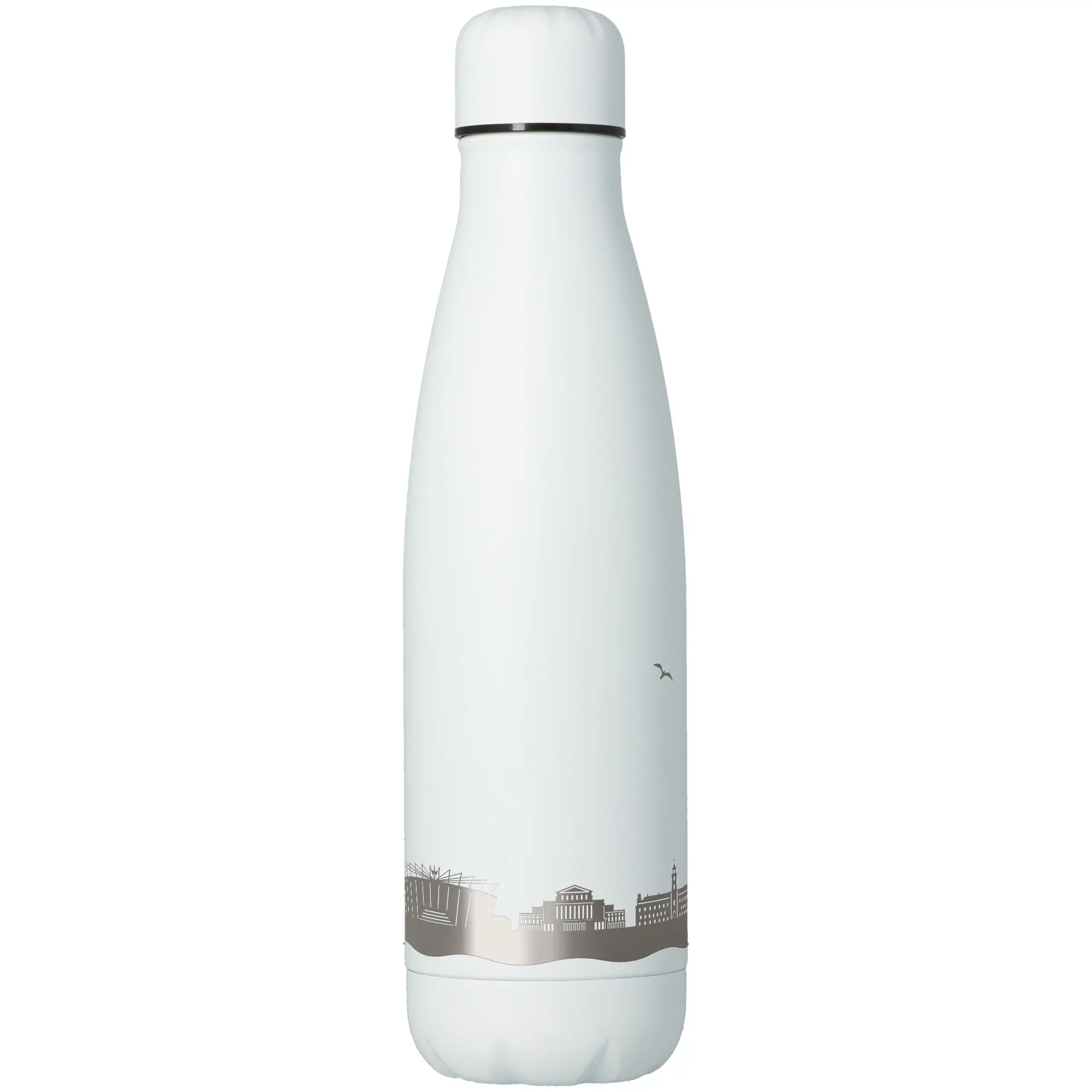 Thermoflasche, Trinkflasche, Isolierte Flasche, Stadt-Silhouette, weiße Flasche