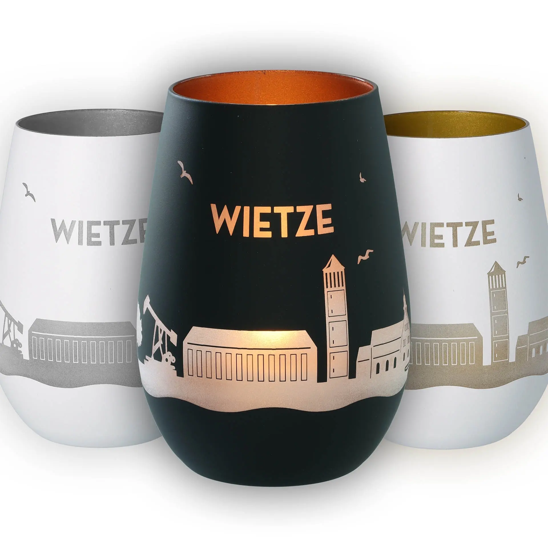 kugelbecher, schwarz, roségold, städte-silhouette, getöpfert