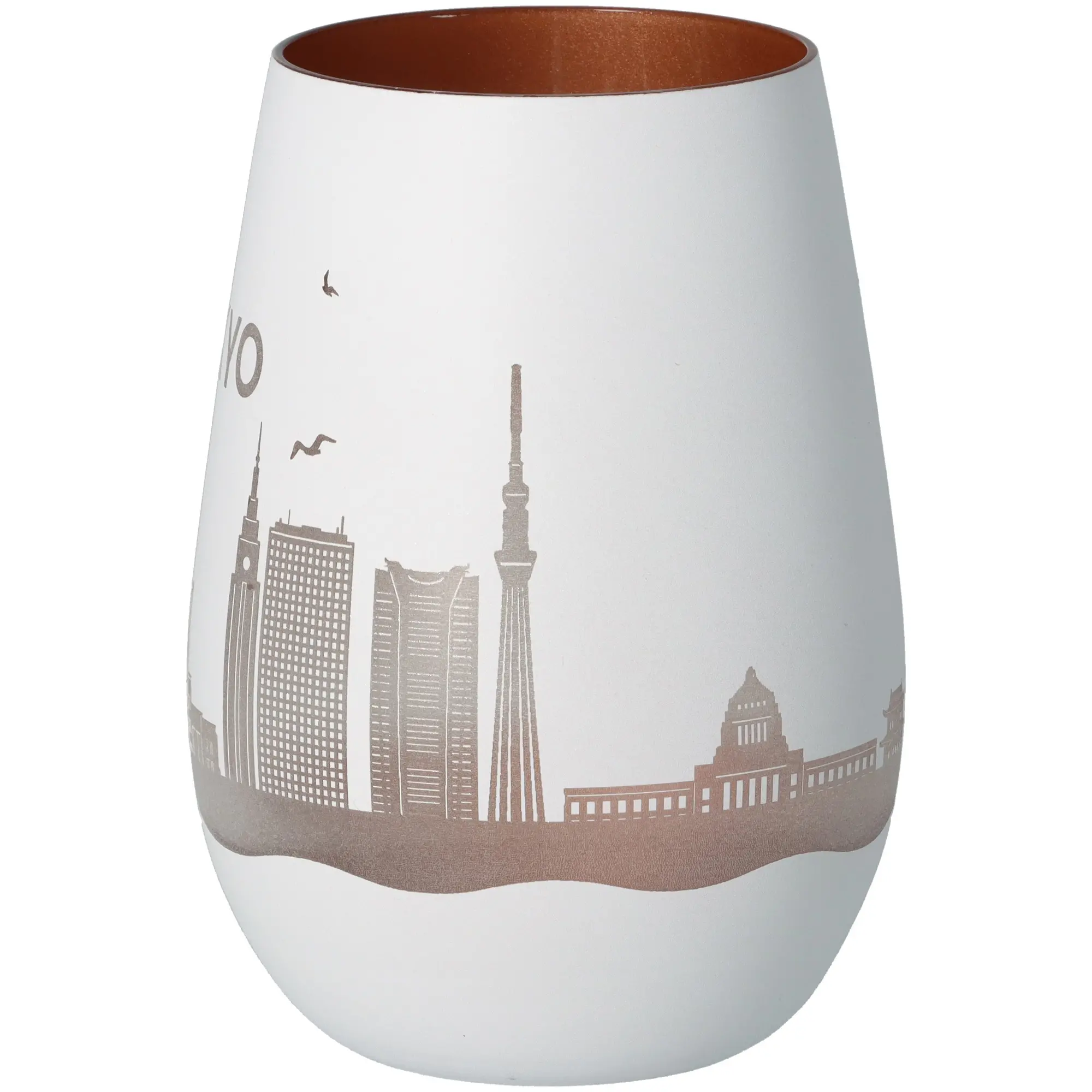 Weißes Vase, Städtisches Motiv, Porzellan, Rostbraun Innen, Vase mit Skyline