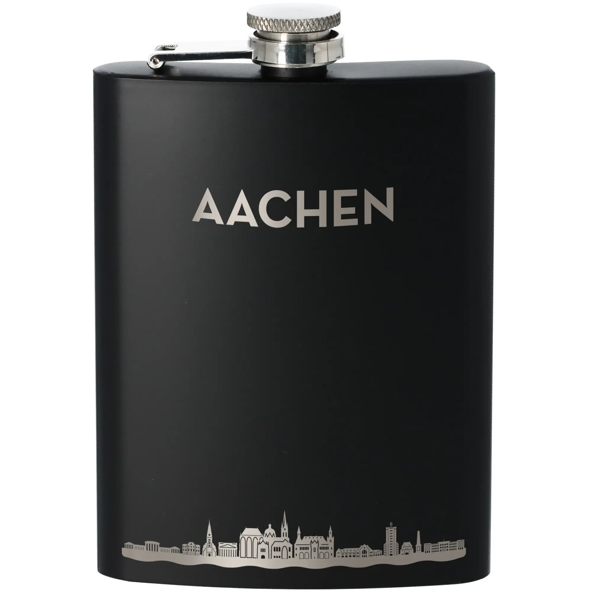 Flasche, Flachmann, Schwarz, Metall, Aachen-Logo