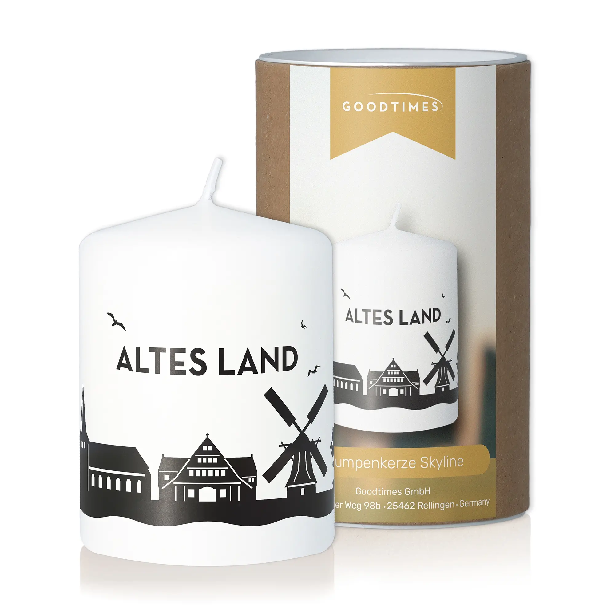 Goodtimes Stumpenkerze Skyline Altes Land Weiß