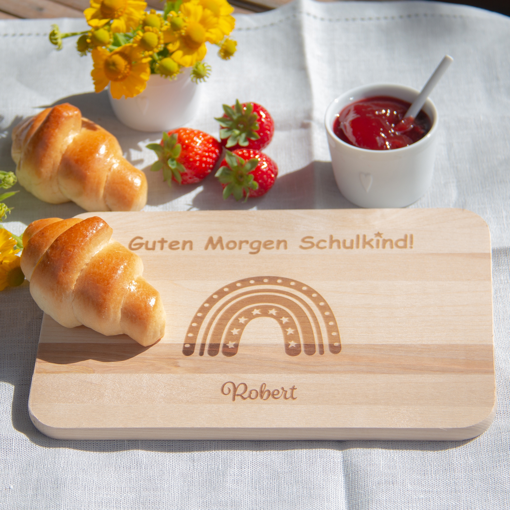 Frühstücksbrett "Guten Morgen Schulkind" Regenbogen mit Sternen Frühstücksbrett "Guten Morgen Schulkind" Regenbogen mit Sternen