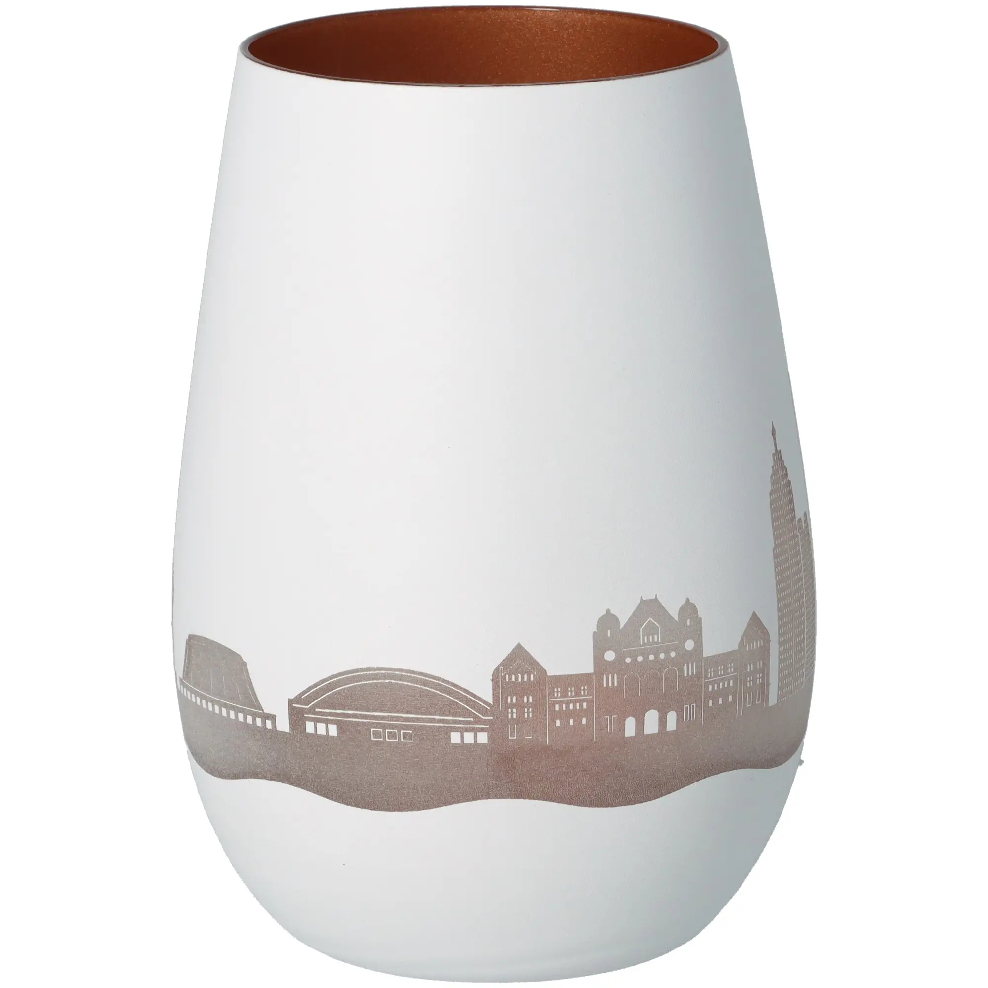 vase, porcelain, weiß, Stadt Silhouette, brauner Rand