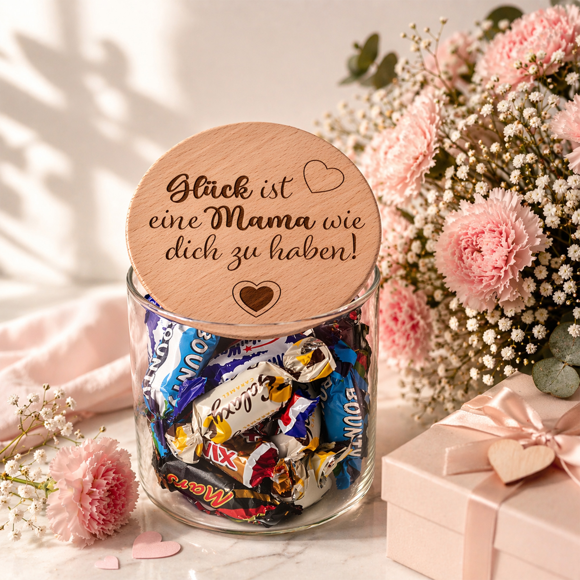 Glücksgeschenk, Luftige Süßigkeiten, Kekse/Bonbons Glas, Geschenkglas, Rosafarbene Blumen