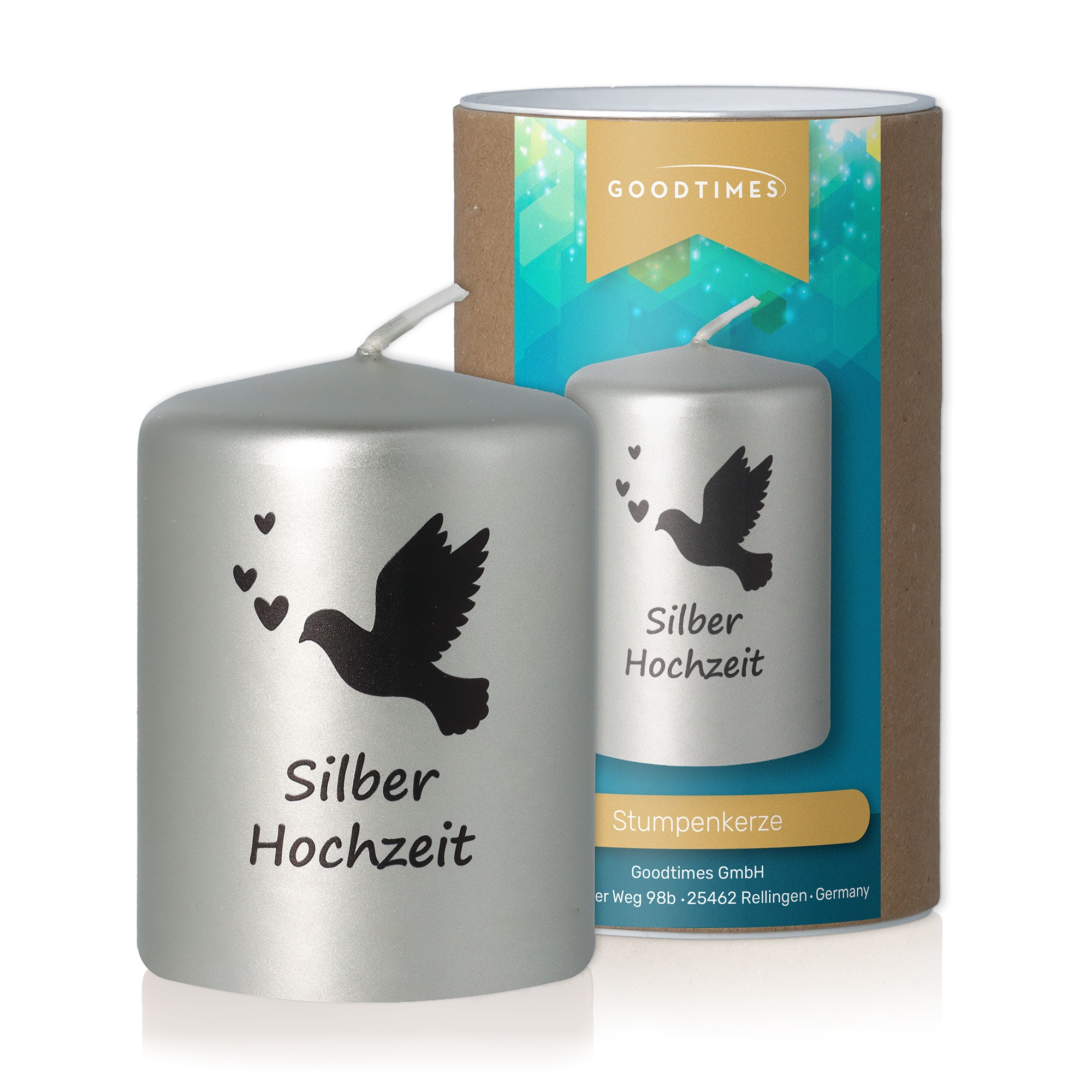 Stumpenkerze Metallic "Silberhochzeit" Tier, Vogel