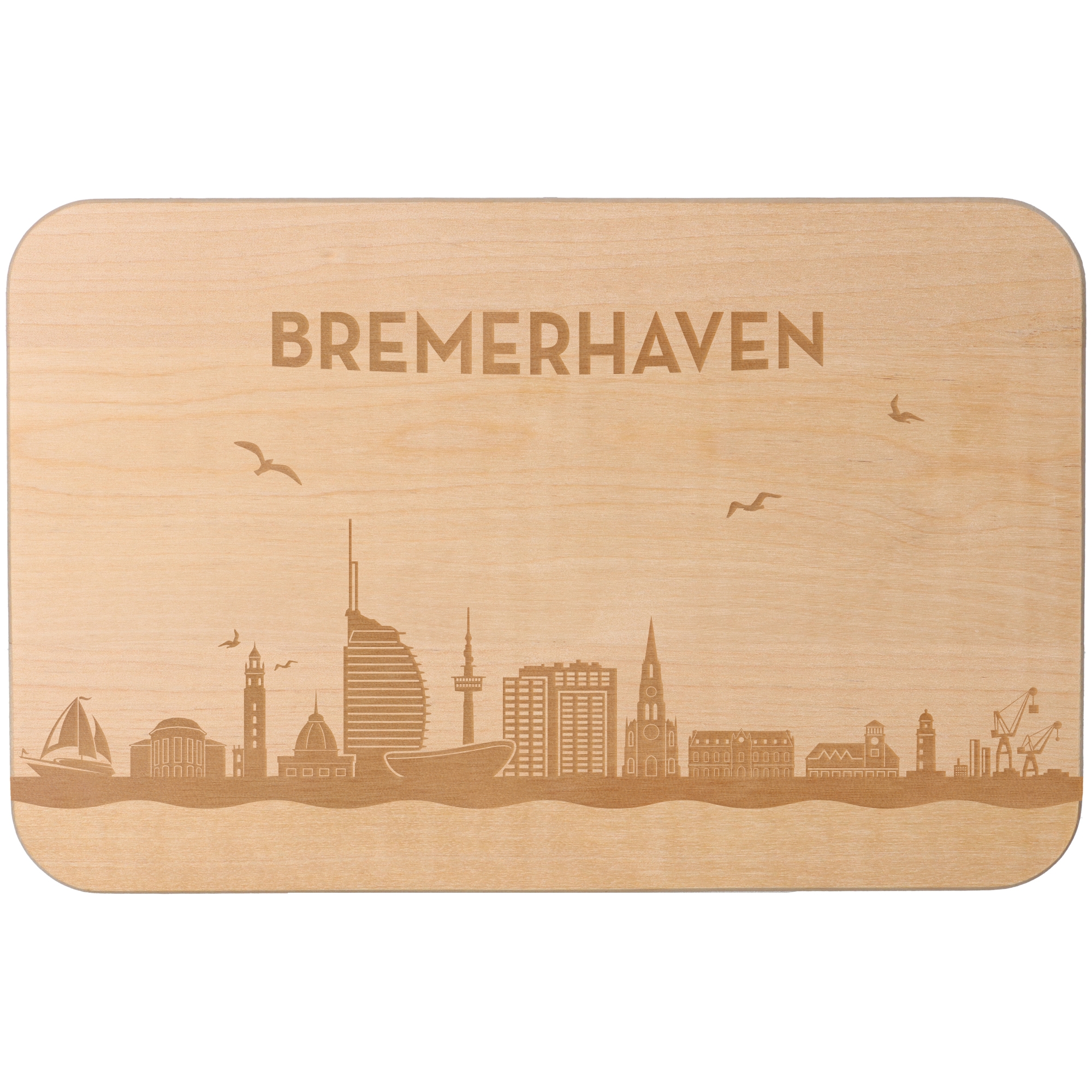 Frühstücksbrett Skyline Bremerhaven Holz, Sperrholz, Matte, Boot, Vogel